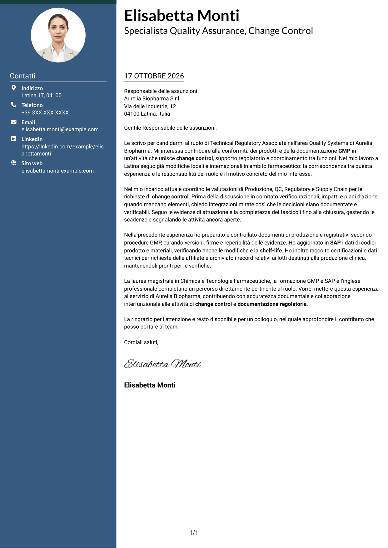 Lettera di presentazione Elegante (formato con colonna laterale colorata e foto): Technical Regulatory Associate - Change Control e Documentazione Regolatoria, pagina 1
