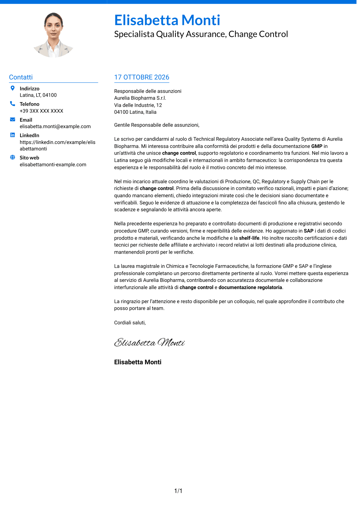 Lettera di presentazione Audace (formato a due colonne con accenti colorati e foto): Technical Regulatory Associate - Change Control e Documentazione Regolatoria, pagina 1