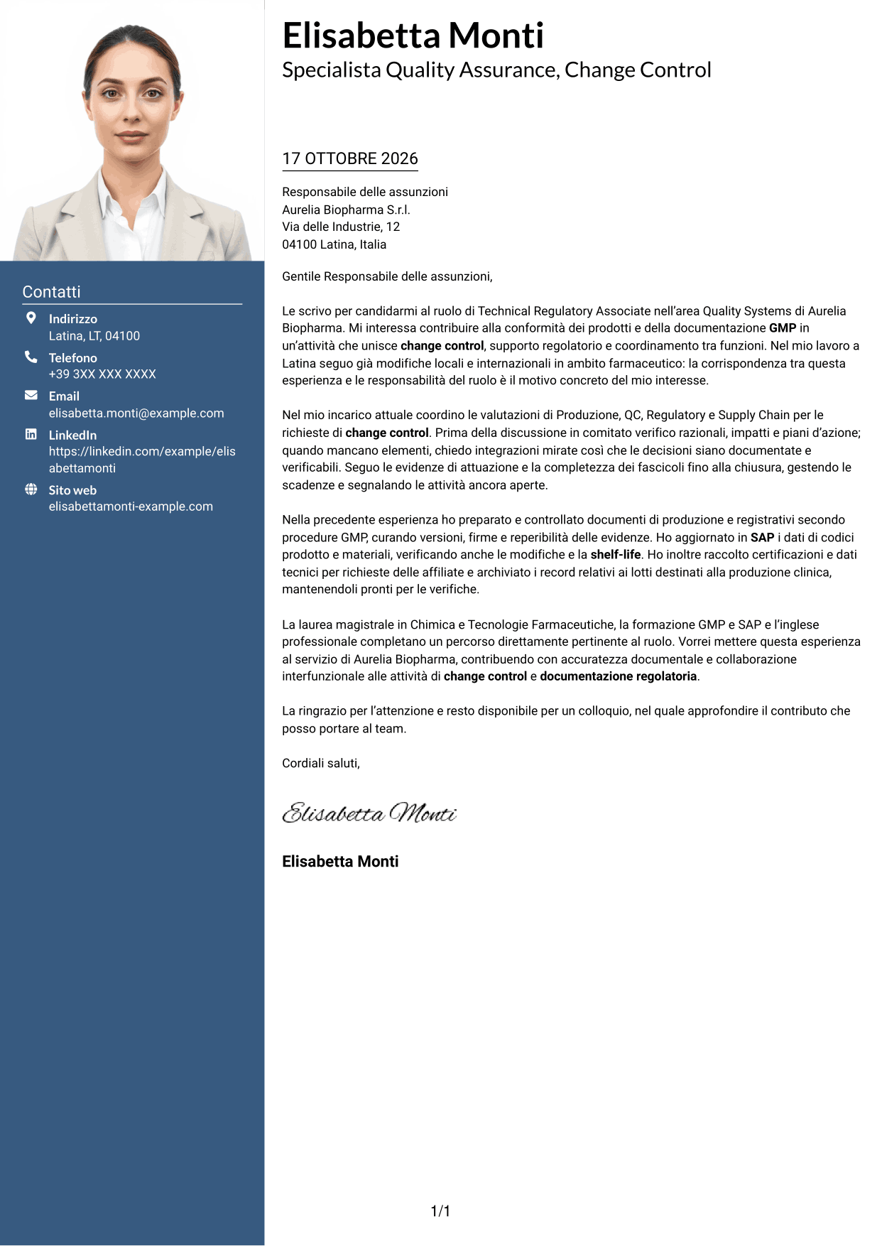 Lettera di presentazione Signature (formato con colonna laterale colorata e foto grande): Technical Regulatory Associate - Change Control e Documentazione Regolatoria, pagina 1