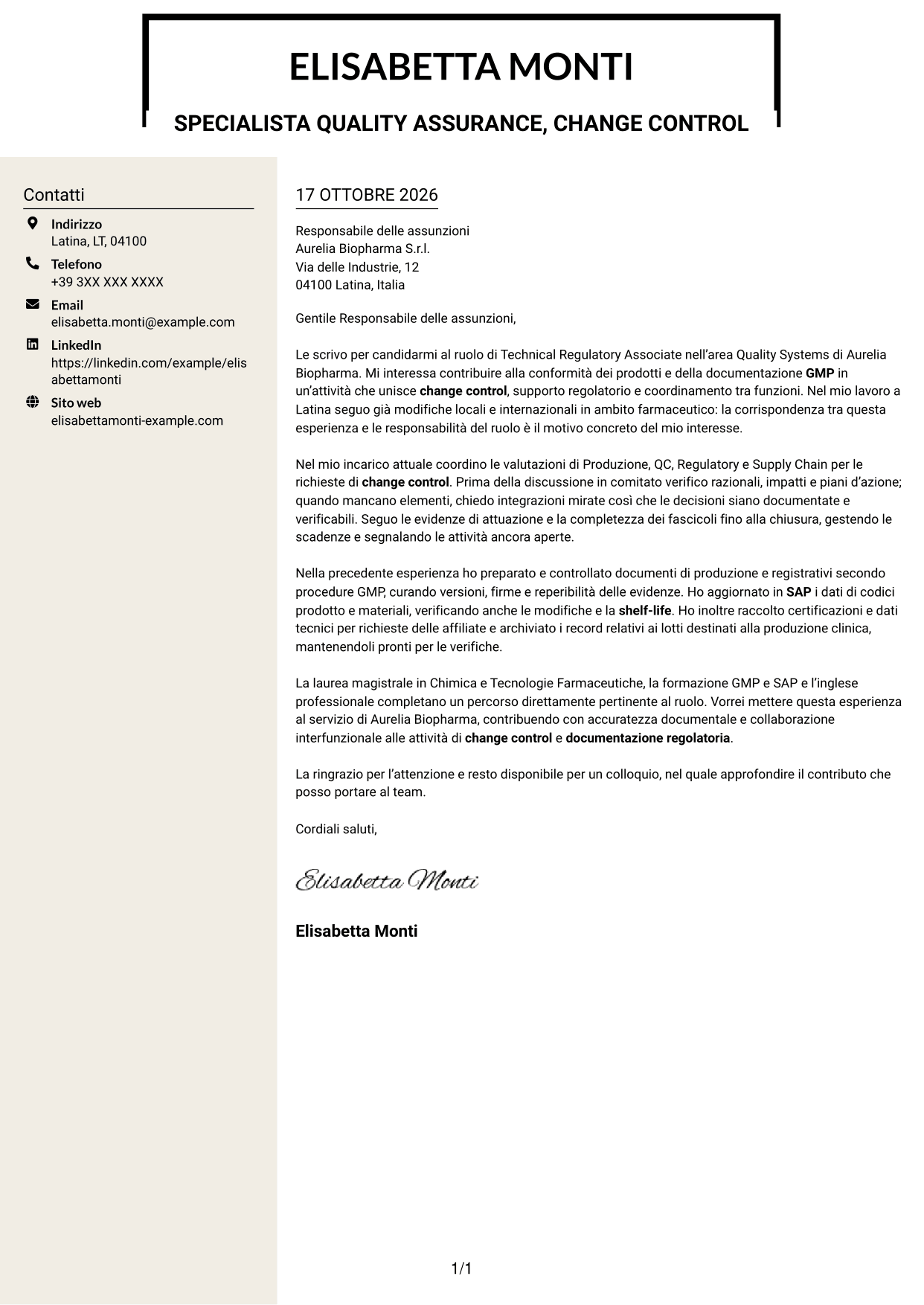 Lettera di presentazione Intraprendente (formato a due colonne con intestazione centrata senza foto): Technical Regulatory Associate - Change Control e Documentazione Regolatoria, pagina 1