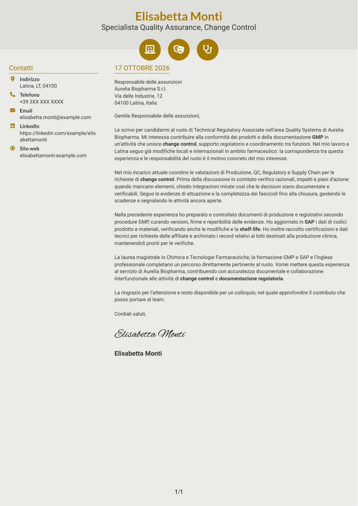 Lettera di presentazione Dinamico (formato a due colonne con icone): Technical Regulatory Associate - Change Control e Documentazione Regolatoria, pagina 1