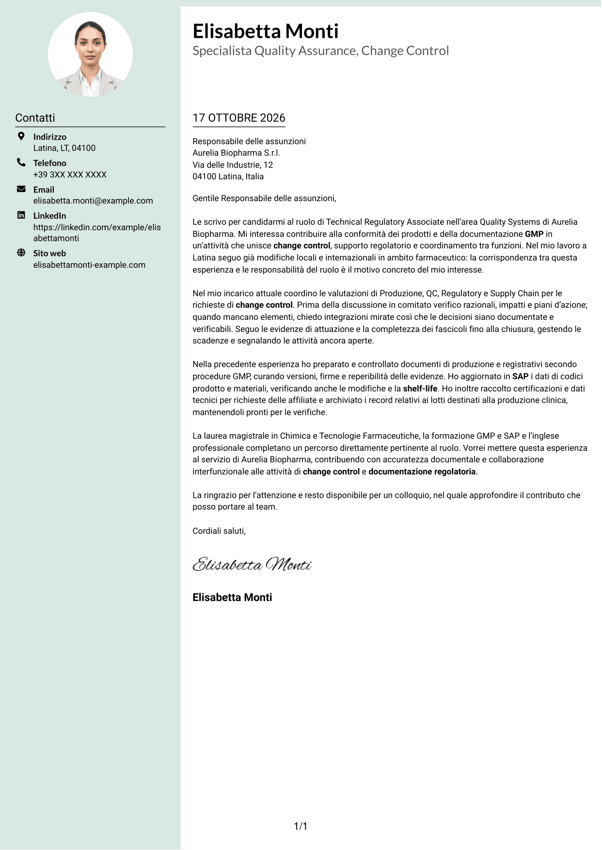 Lettera di presentazione Dirigente (formato con colonna laterale tenue e foto arrotondata): Technical Regulatory Associate - Change Control e Documentazione Regolatoria, pagina 1
