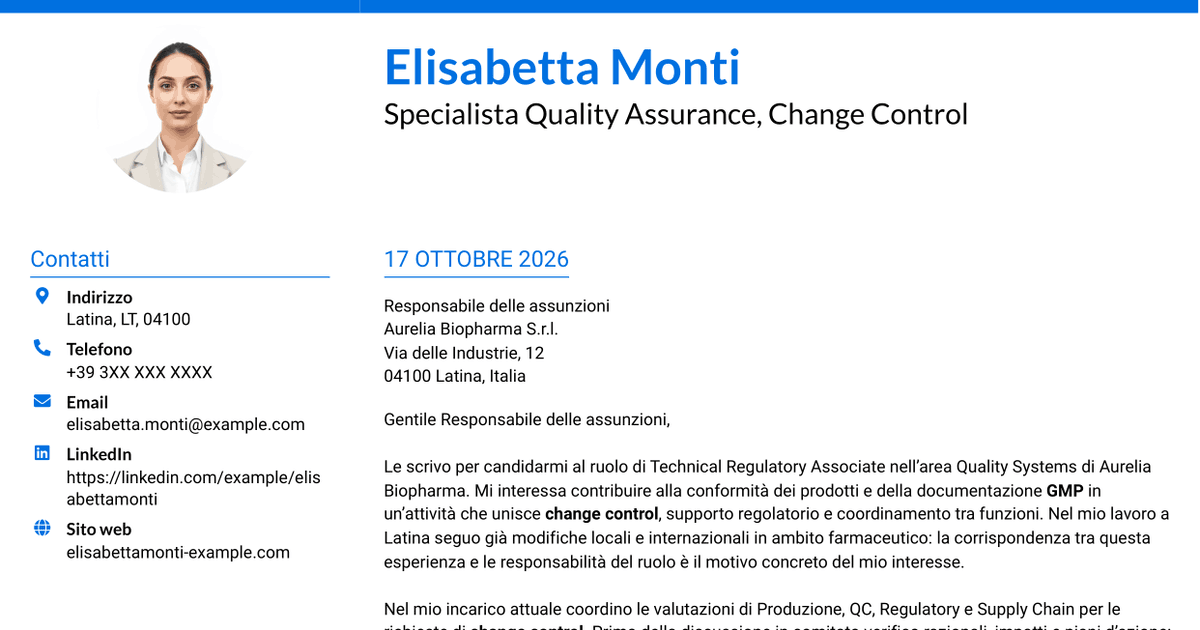 7 modelli di lettera di presentazione per Technical Regulatory Associate - Change Control e Documentazione Regolatoria, con esempi