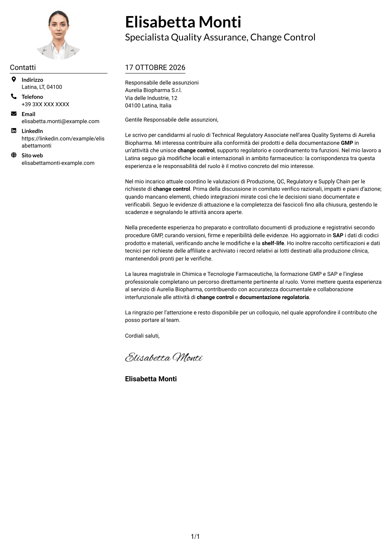 Esempio di lettera di presentazione — pagina 1