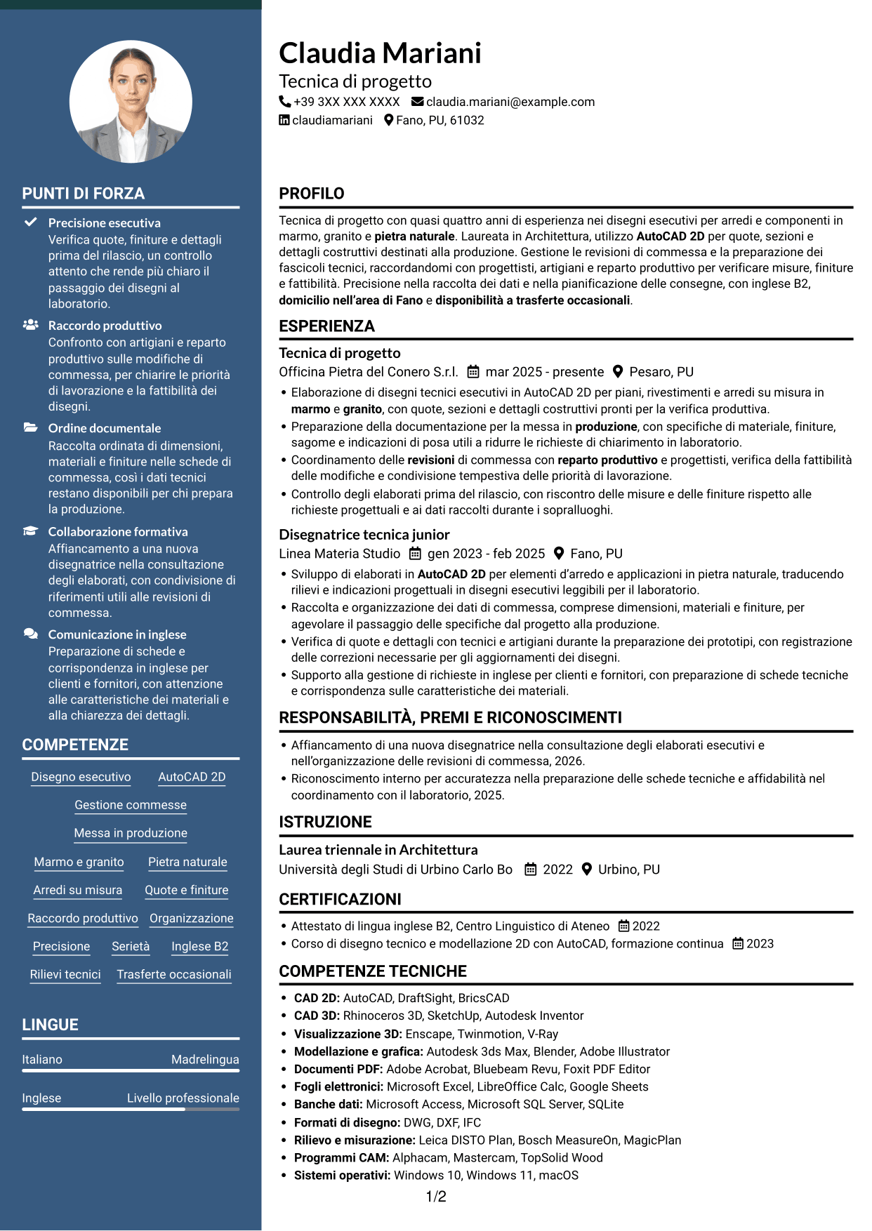 CV Elegante (formato con colonna laterale colorata e foto): Tecnico/a di progetto - Arredi in pietra naturale, pagina 1