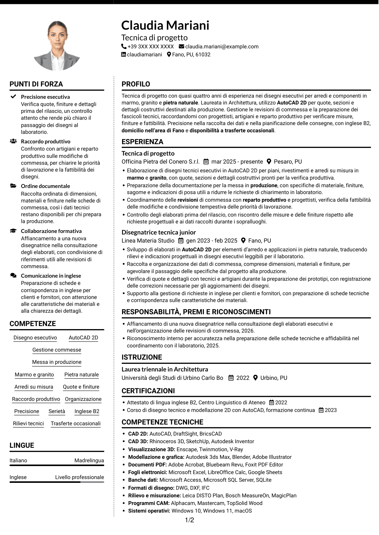 CV Moderno (formato a due colonne con foto a sinistra e separatore): Tecnico/a di progetto - Arredi in pietra naturale, pagina 1