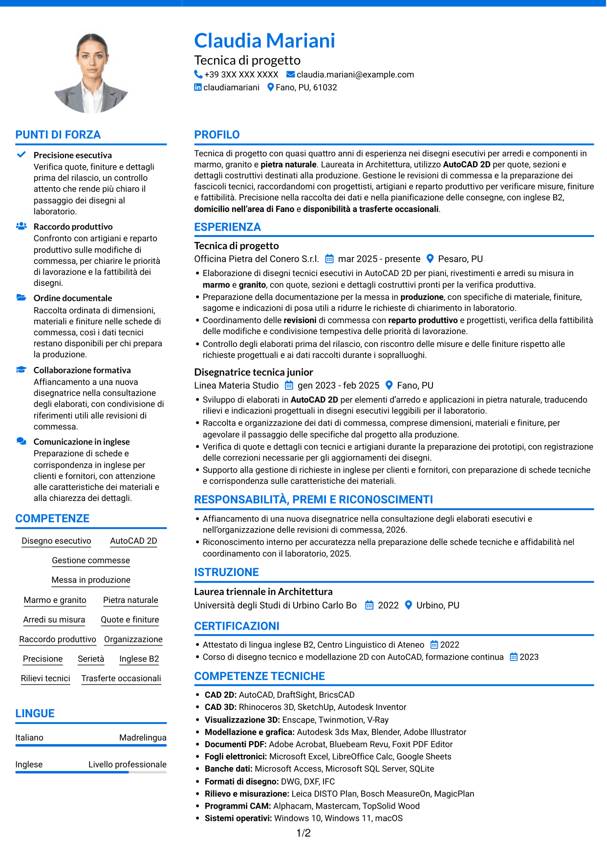 CV Audace (formato a due colonne con accenti colorati e foto): Tecnico/a di progetto - Arredi in pietra naturale, pagina 1
