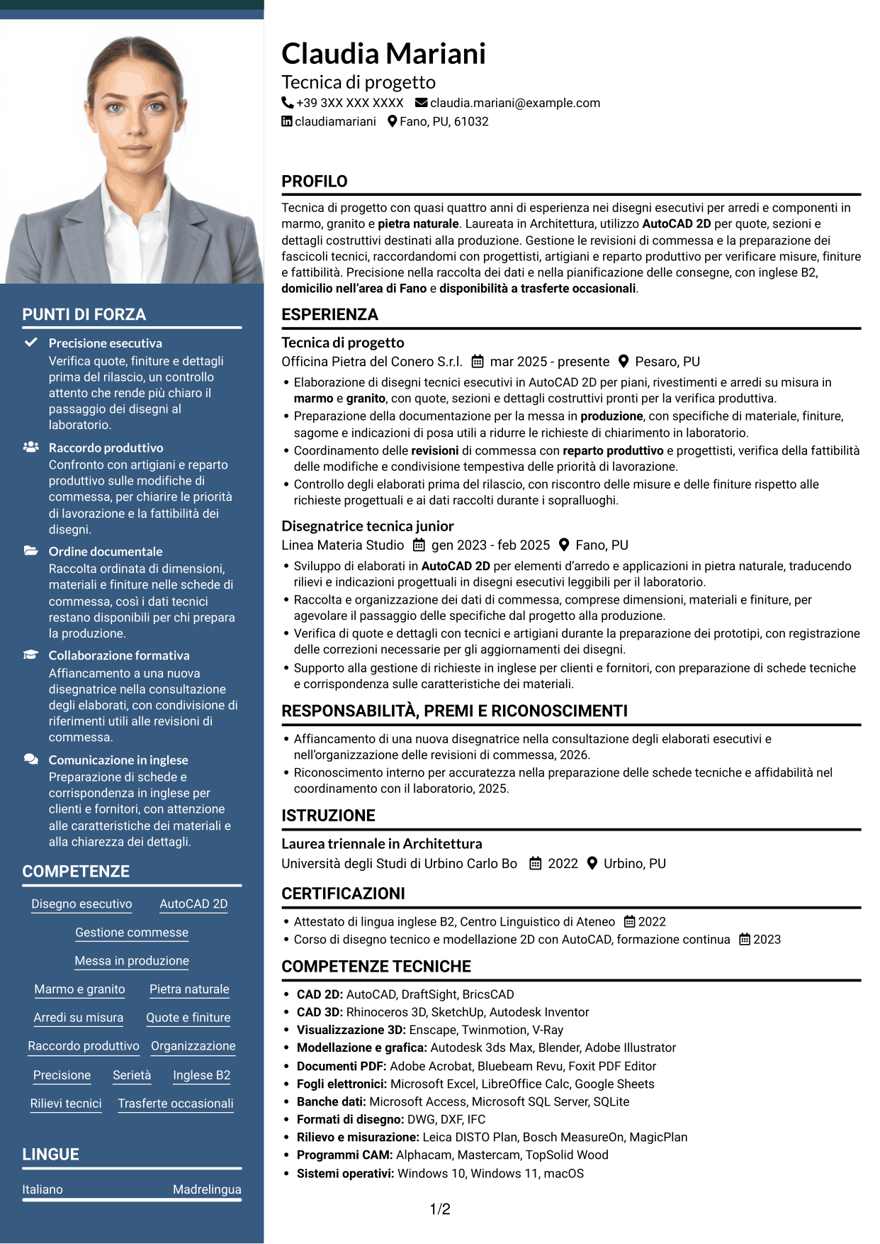 CV Signature (formato con colonna laterale colorata e foto grande): Tecnico/a di progetto - Arredi in pietra naturale, pagina 1