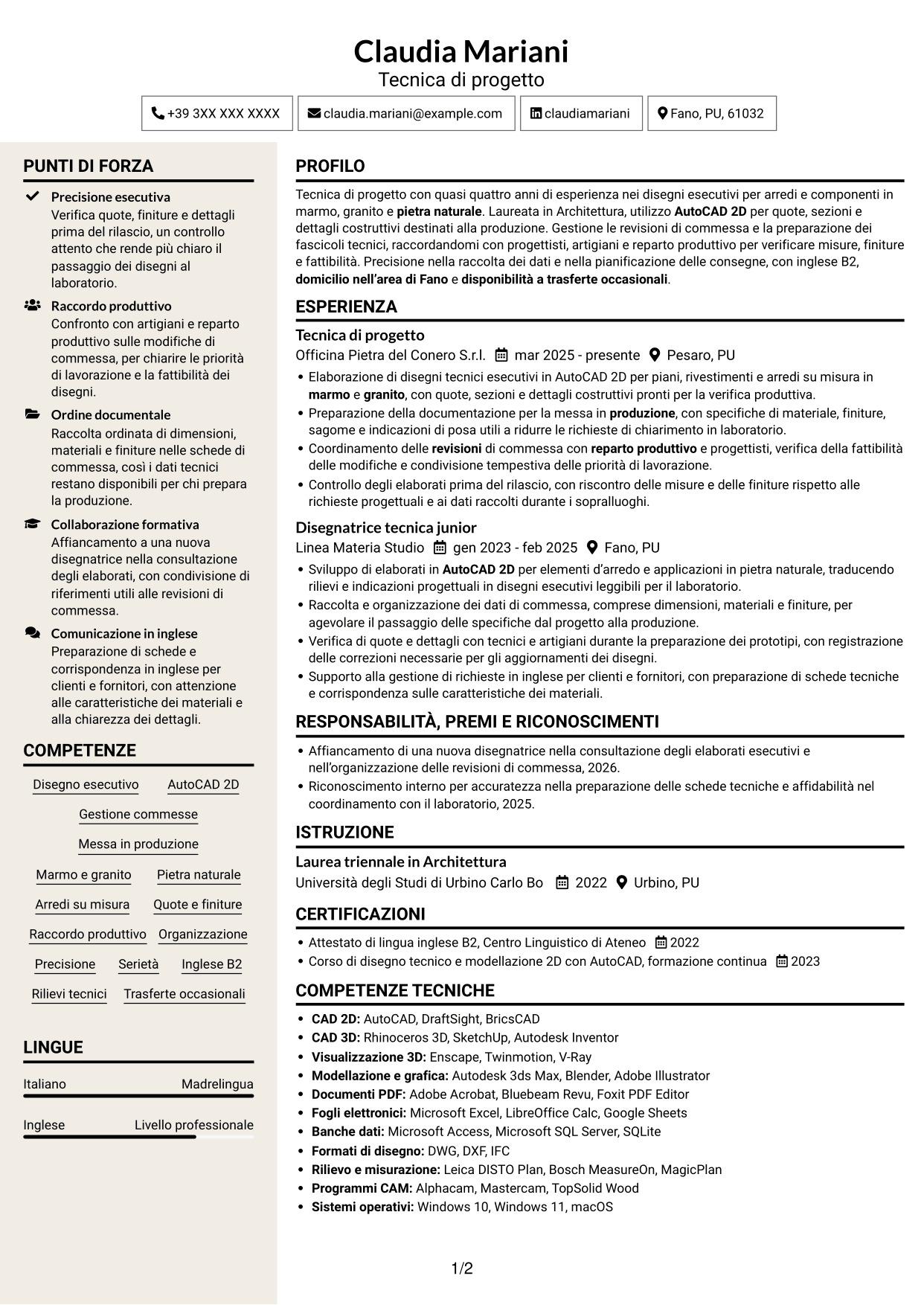 CV Intraprendente (formato a due colonne con intestazione centrata senza foto): Tecnico/a di progetto - Arredi in pietra naturale, pagina 1
