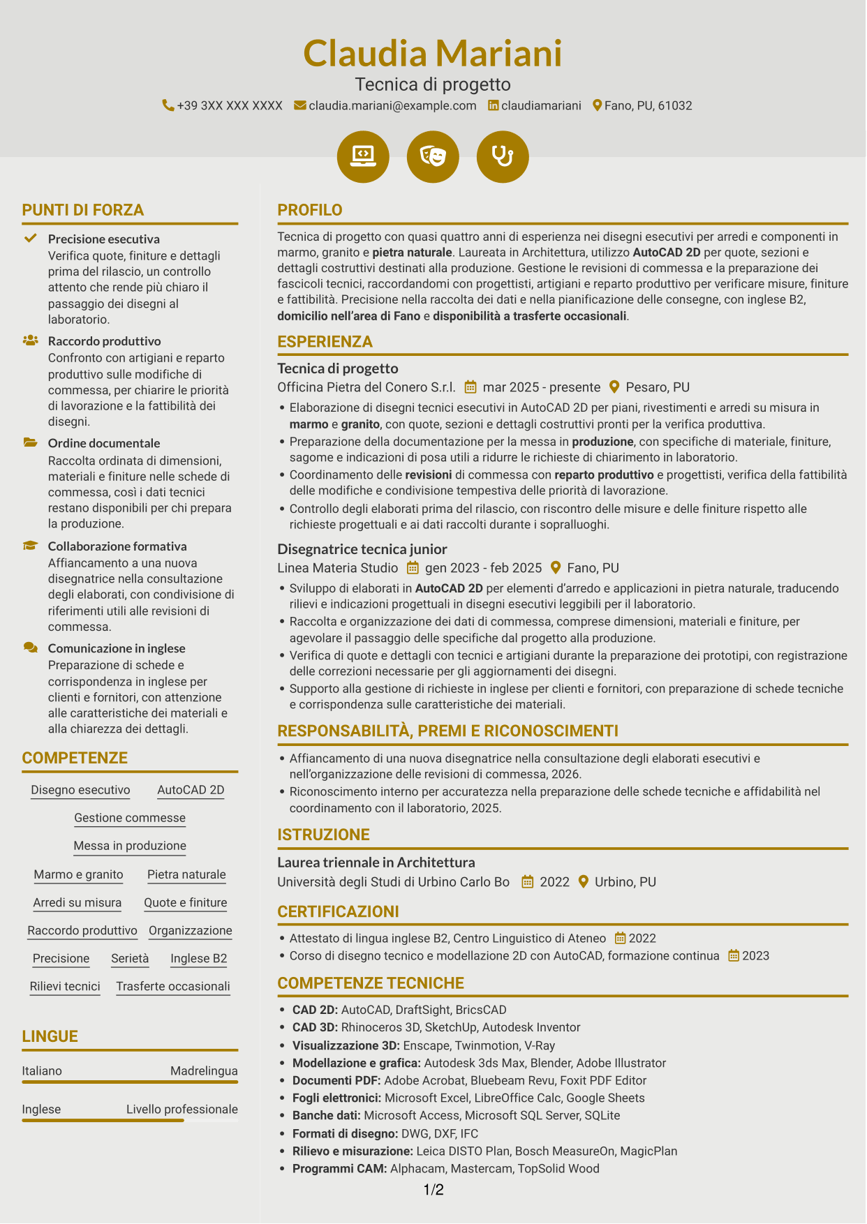 CV Dinamico (formato a due colonne con icone): Tecnico/a di progetto - Arredi in pietra naturale, pagina 1