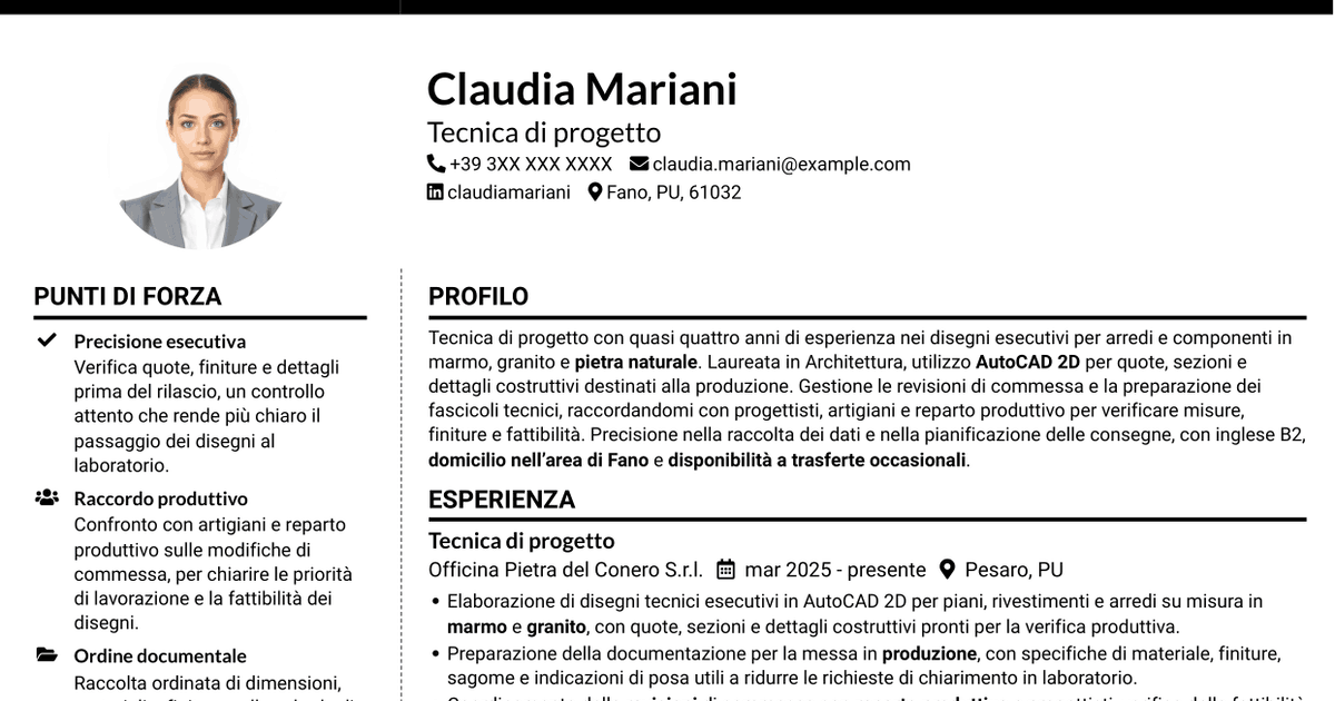 7 modelli di CV per Tecnico/a di progetto - Arredi in pietra naturale, con esempi