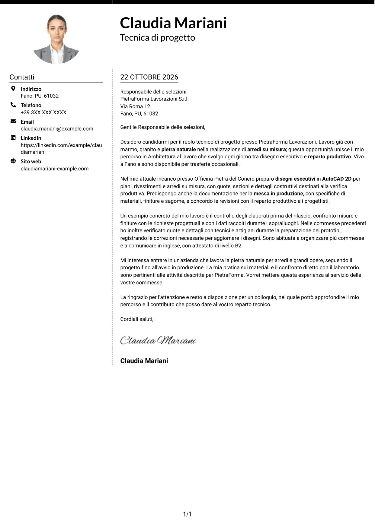 Lettera di presentazione Moderno (formato a due colonne con foto a sinistra e separatore): Tecnico/a di progetto - Arredi in pietra naturale, pagina 1