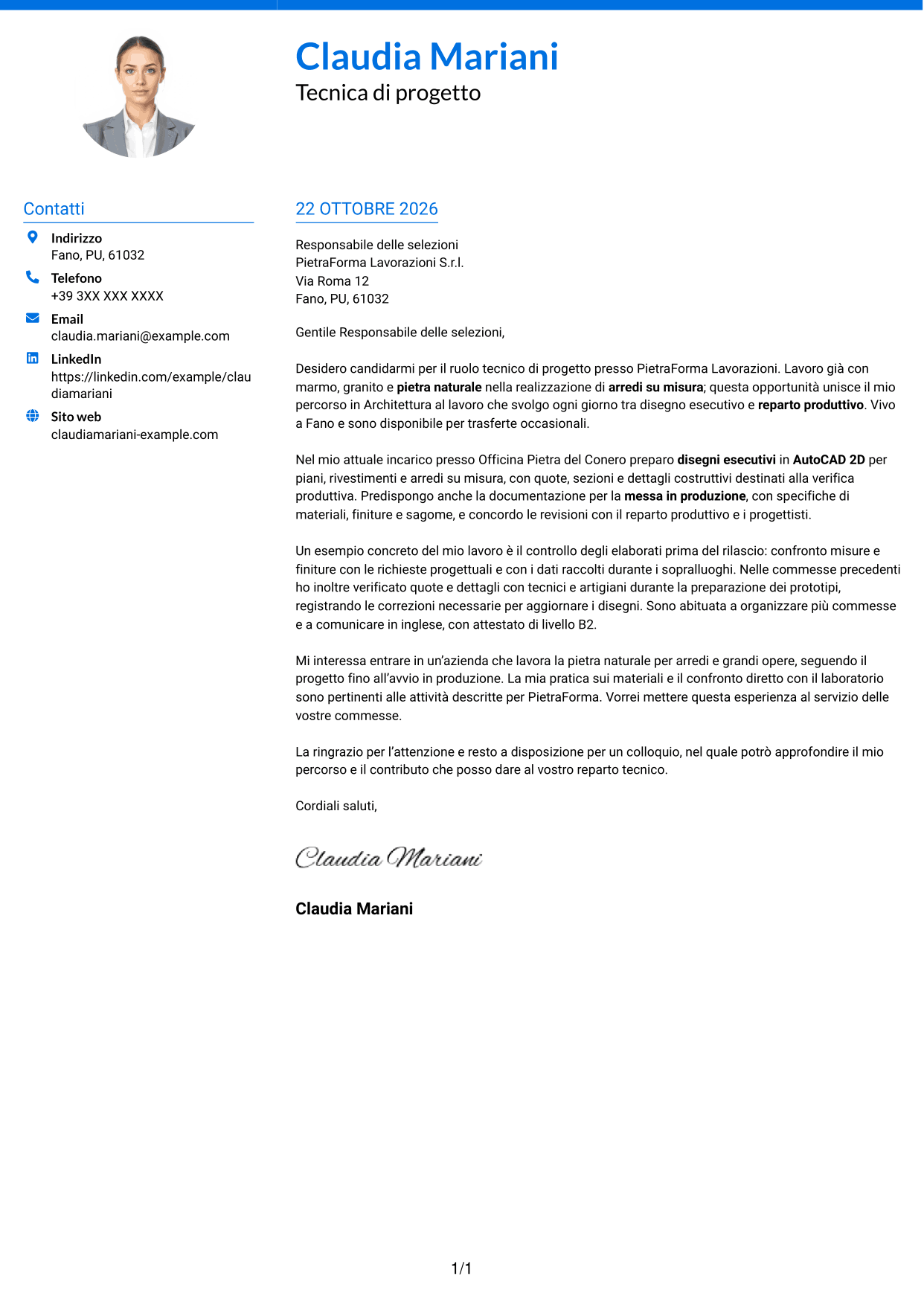 Lettera di presentazione Audace (formato a due colonne con accenti colorati e foto): Tecnico/a di progetto - Arredi in pietra naturale, pagina 1