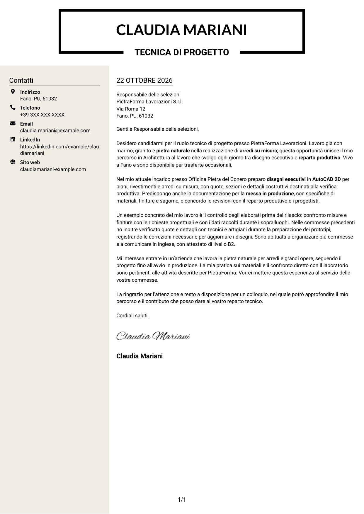 Lettera di presentazione Intraprendente (formato a due colonne con intestazione centrata senza foto): Tecnico/a di progetto - Arredi in pietra naturale, pagina 1