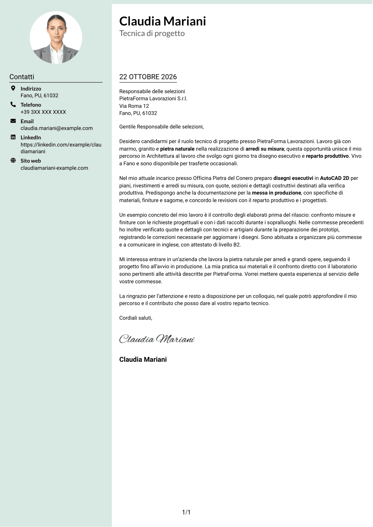 Lettera di presentazione Dirigente (formato con colonna laterale tenue e foto arrotondata): Tecnico/a di progetto - Arredi in pietra naturale, pagina 1