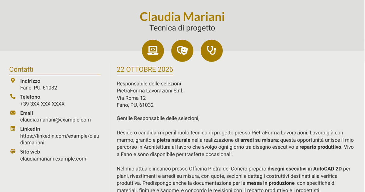 7 modelli di lettera di presentazione per Tecnico/a di progetto - Arredi in pietra naturale, con esempi