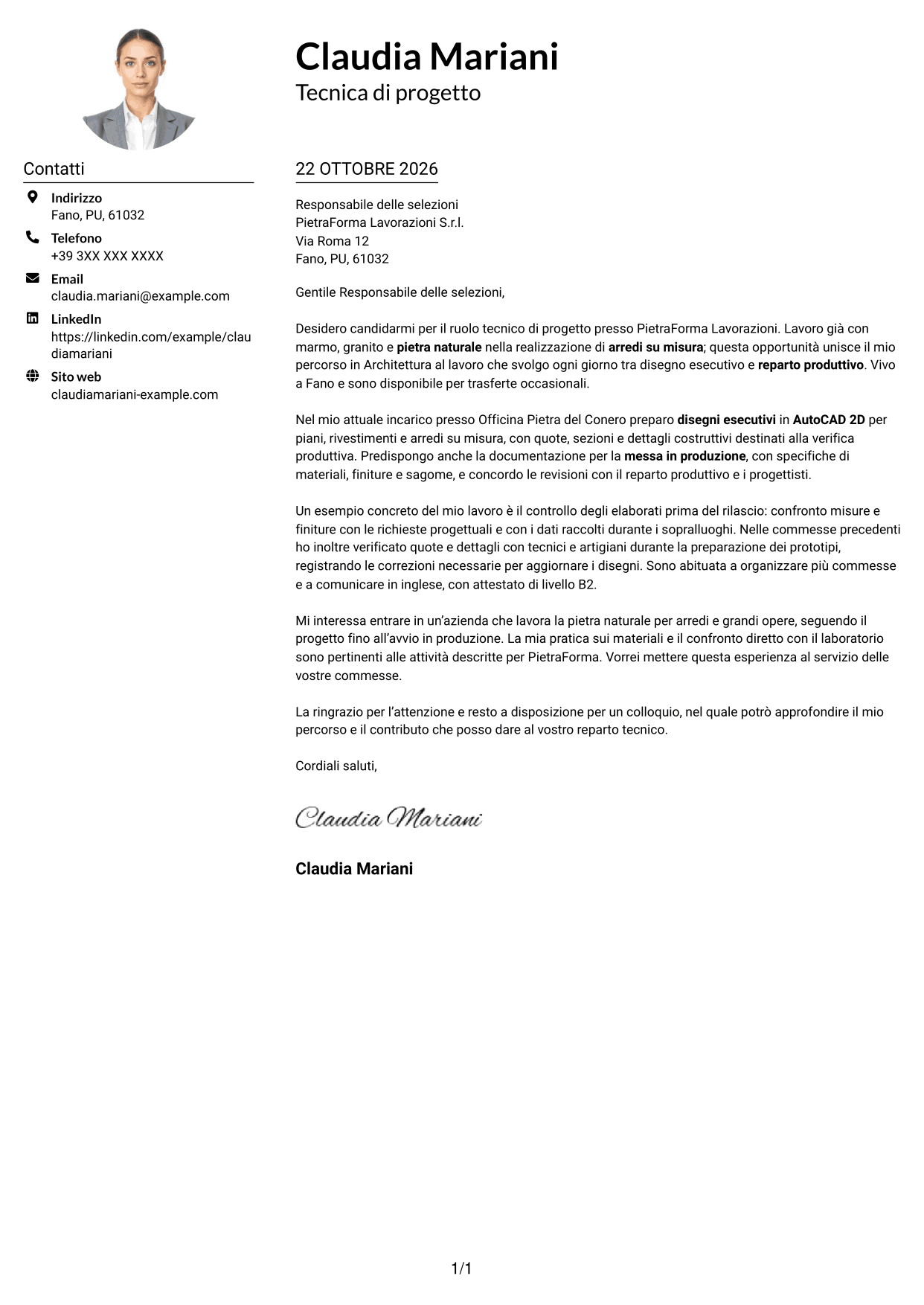 Esempio di lettera di presentazione — pagina 1