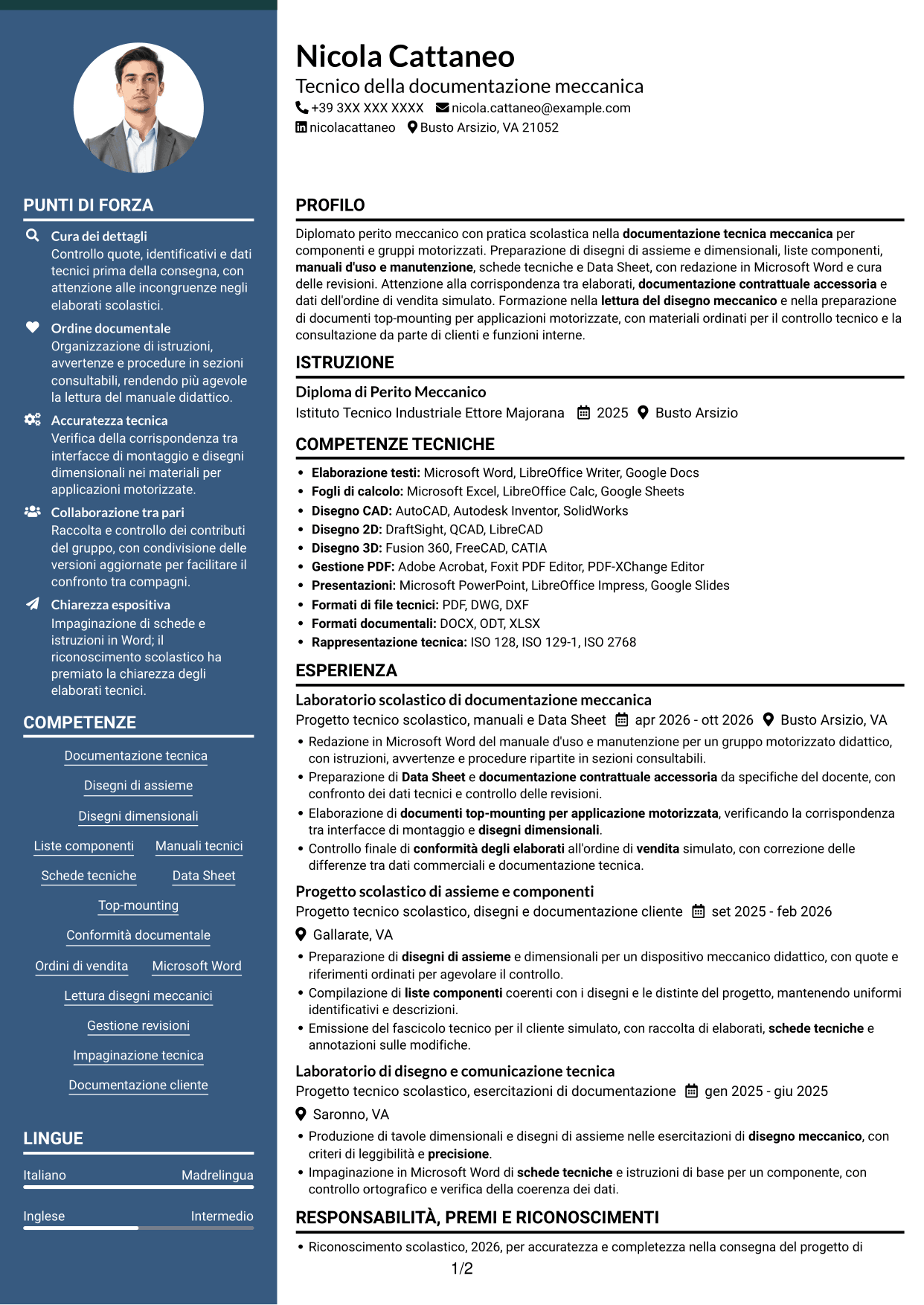 CV Elegante (formato con colonna laterale colorata e foto): Tecnico della Documentazione - Documentazione tecnica meccanica, pagina 1