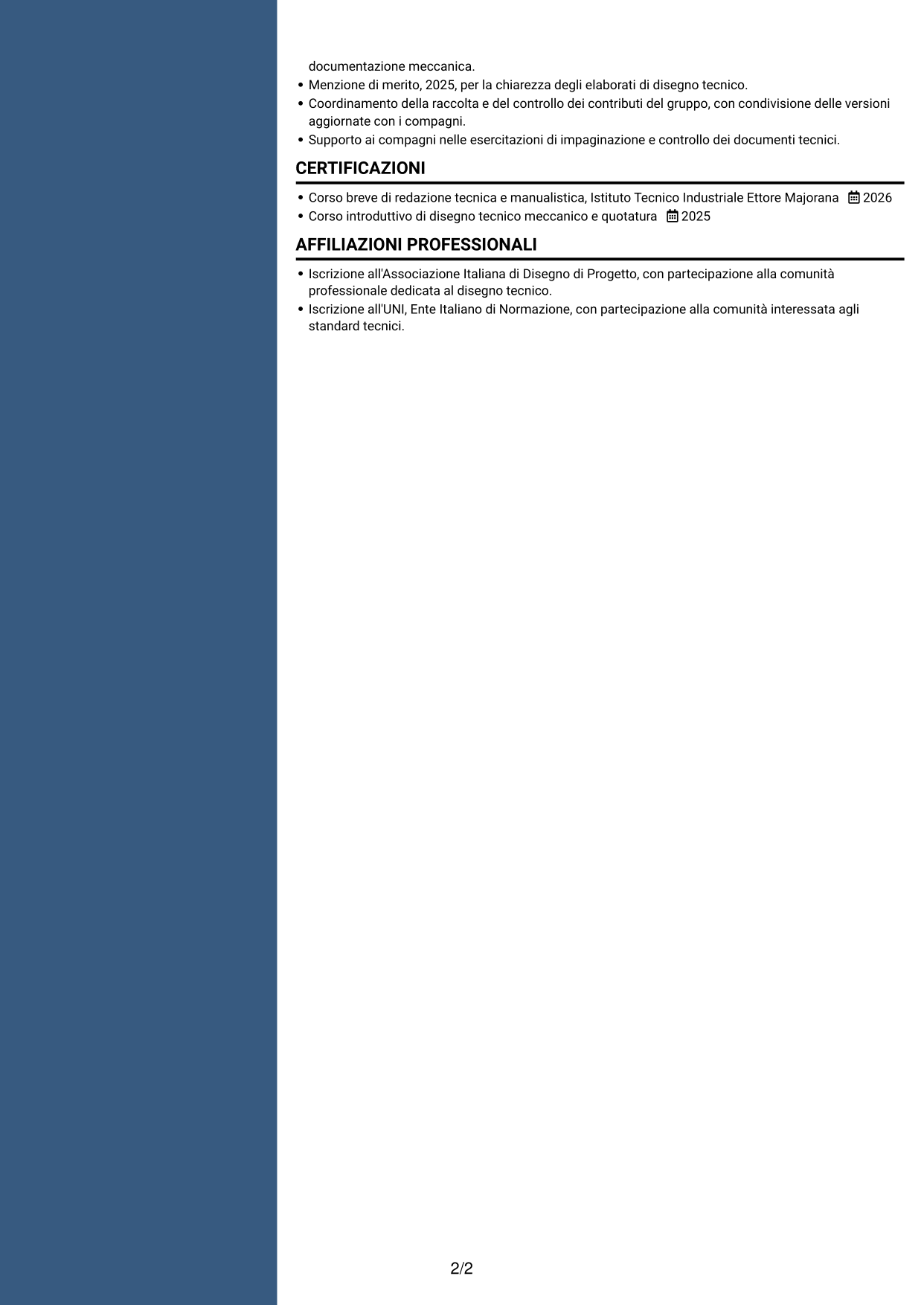 CV Elegante (formato con colonna laterale colorata e foto): Tecnico della Documentazione - Documentazione tecnica meccanica, pagina 2