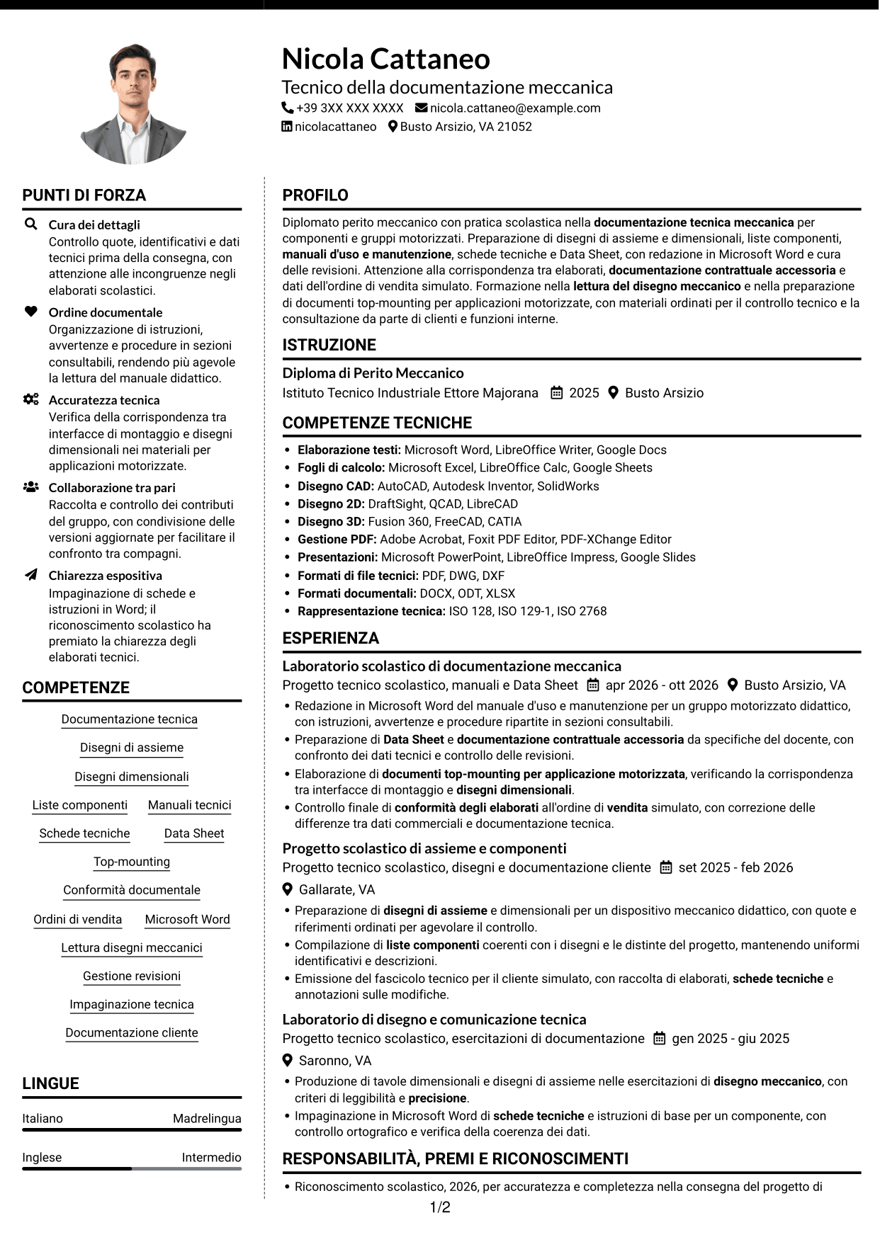 CV Moderno (formato a due colonne con foto a sinistra e separatore): Tecnico della Documentazione - Documentazione tecnica meccanica, pagina 1