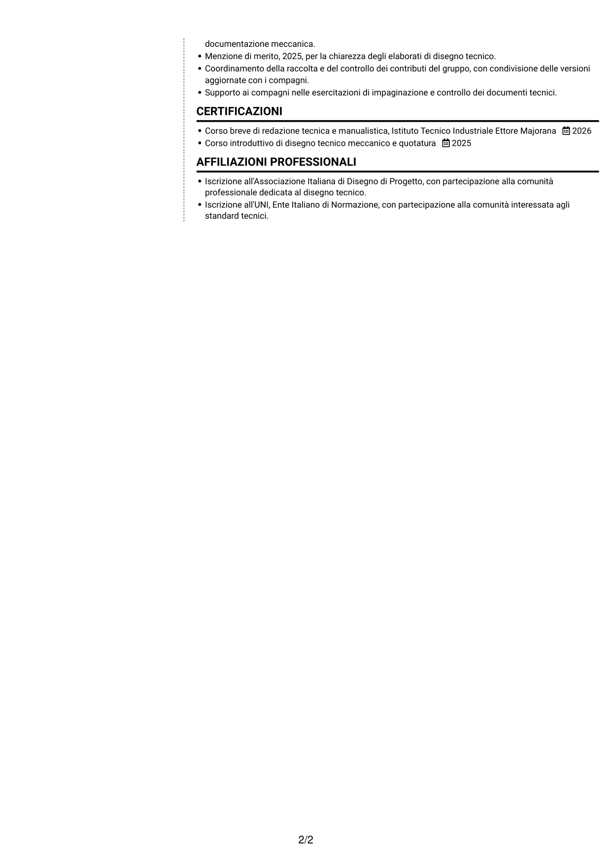 CV Moderno (formato a due colonne con foto a sinistra e separatore): Tecnico della Documentazione - Documentazione tecnica meccanica, pagina 2