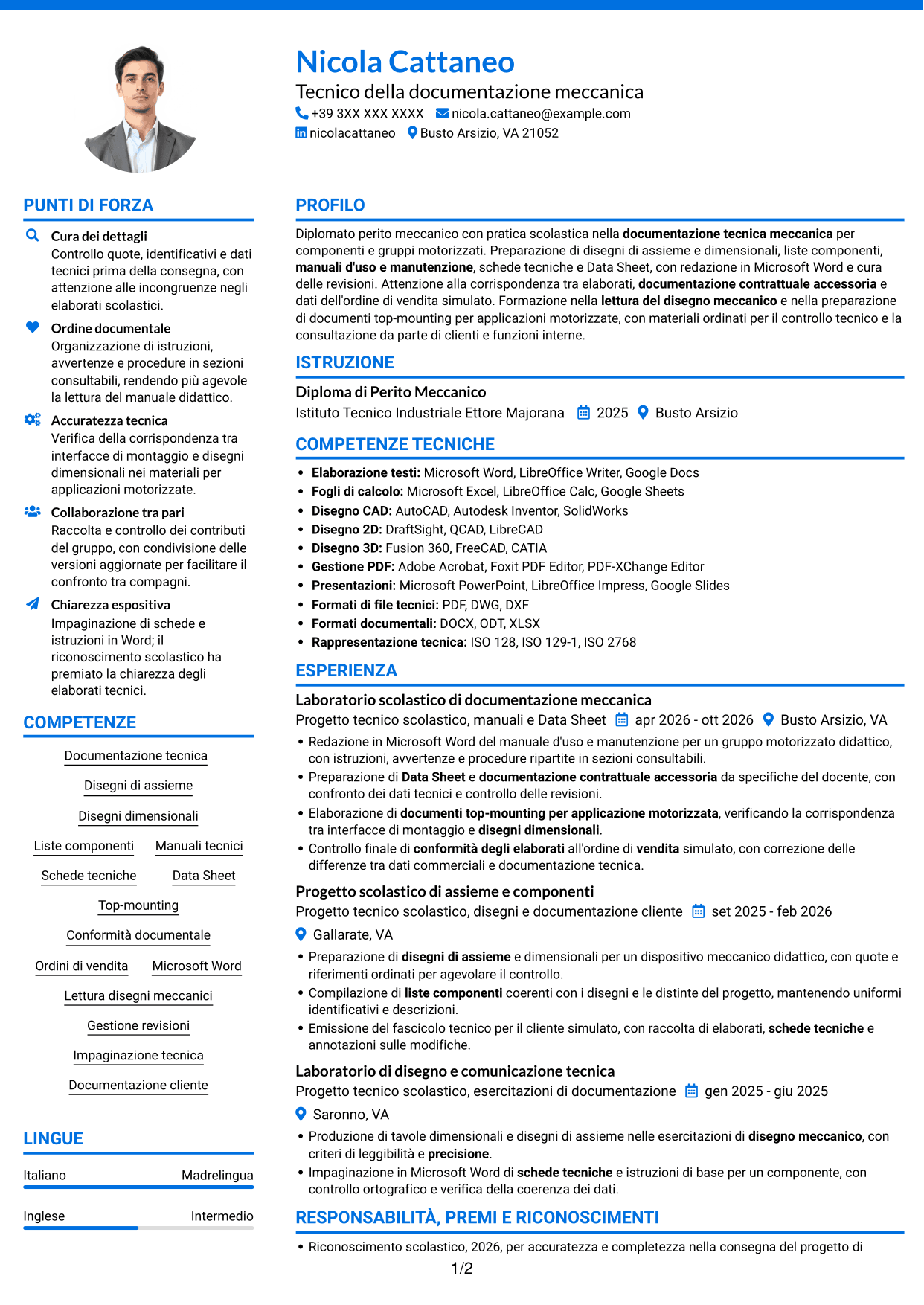 CV Audace (formato a due colonne con accenti colorati e foto): Tecnico della Documentazione - Documentazione tecnica meccanica, pagina 1