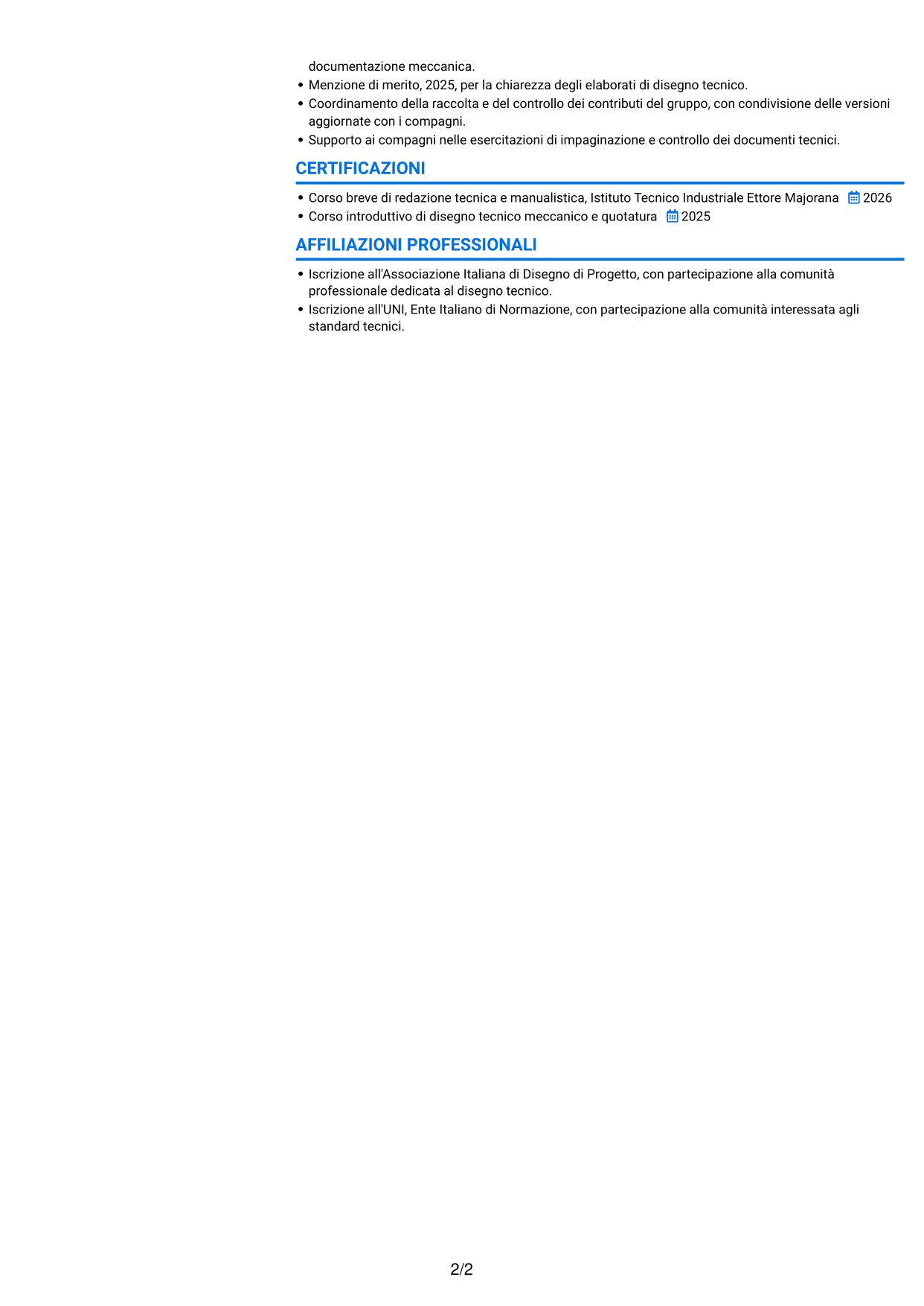 CV Audace (formato a due colonne con accenti colorati e foto): Tecnico della Documentazione - Documentazione tecnica meccanica, pagina 2