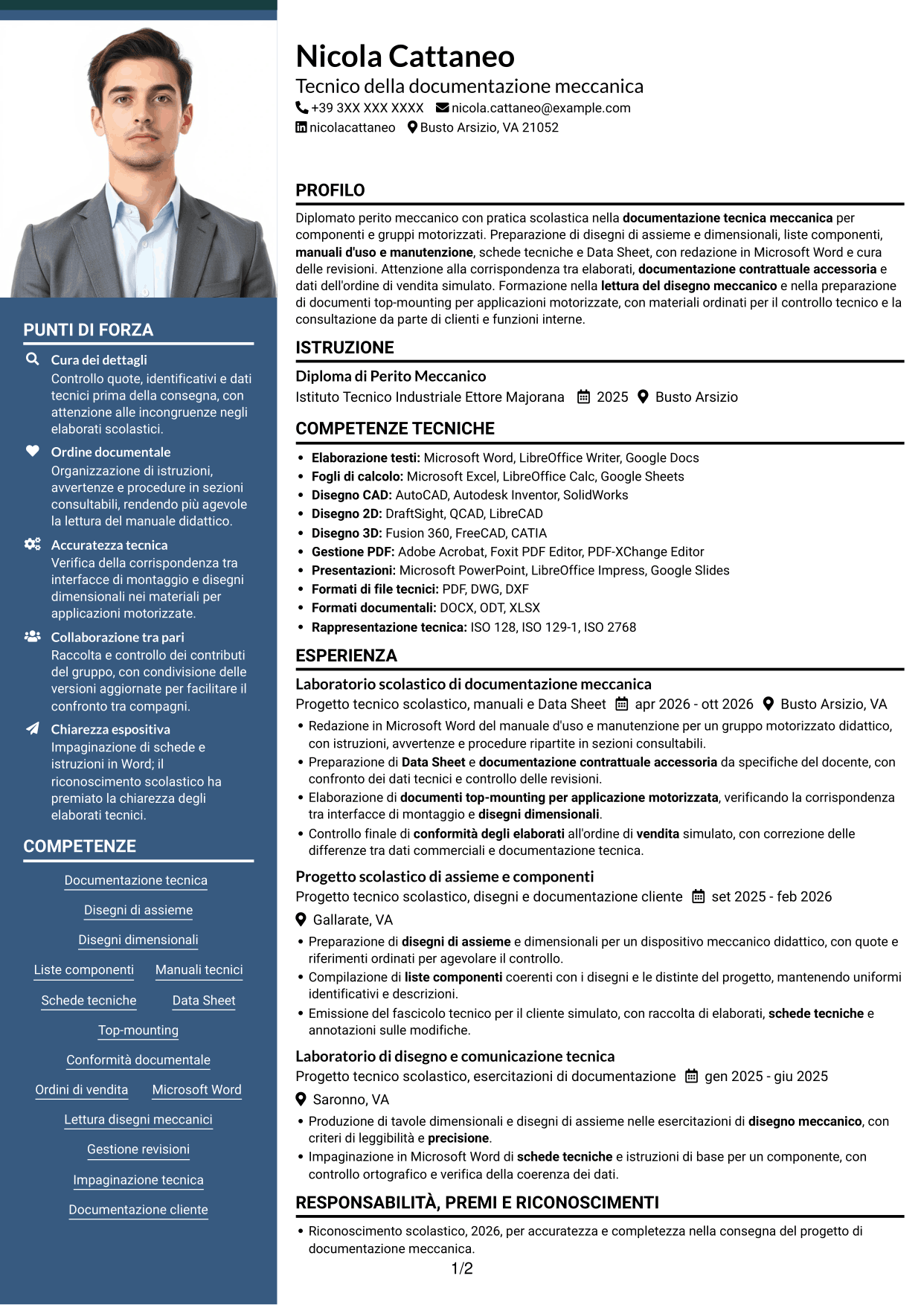 CV Signature (formato con colonna laterale colorata e foto grande): Tecnico della Documentazione - Documentazione tecnica meccanica, pagina 1