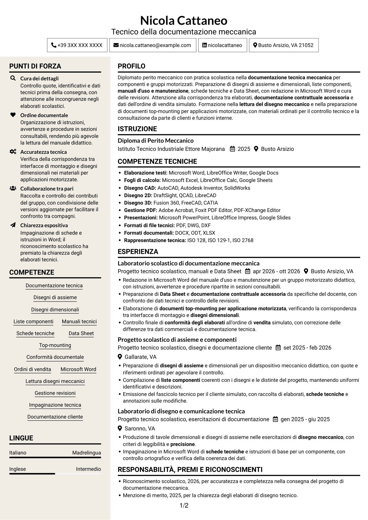 CV Intraprendente (formato a due colonne con intestazione centrata senza foto): Tecnico della Documentazione - Documentazione tecnica meccanica, pagina 1