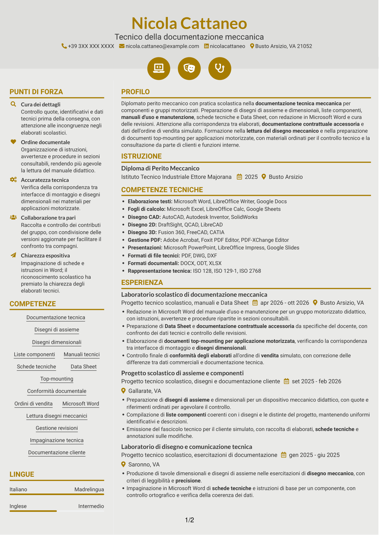 CV Dinamico (formato a due colonne con icone): Tecnico della Documentazione - Documentazione tecnica meccanica, pagina 1