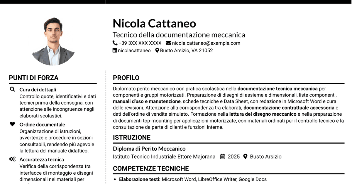 7 modelli di CV per Tecnico della Documentazione - Documentazione tecnica meccanica, con esempi