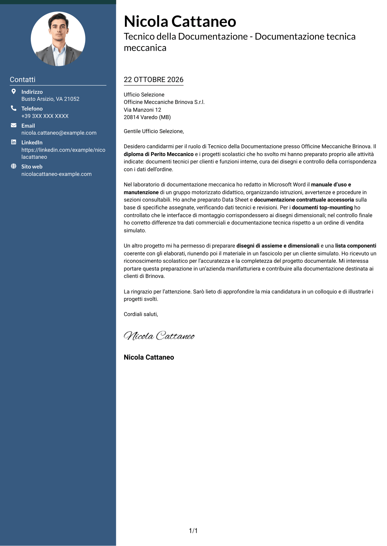 Lettera di presentazione Elegante (formato con colonna laterale colorata e foto): Tecnico della Documentazione - Documentazione tecnica meccanica, pagina 1
