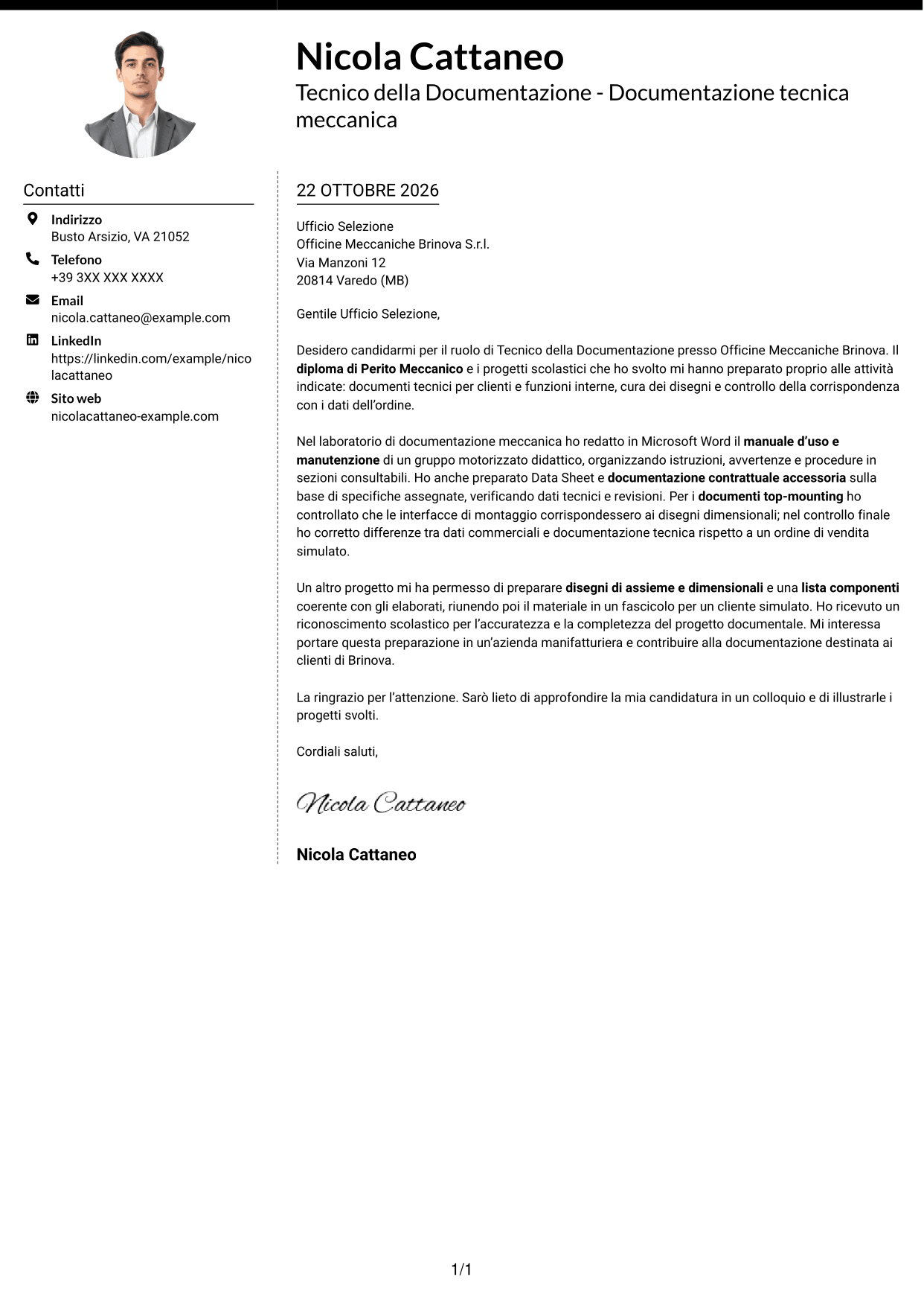 Lettera di presentazione Moderno (formato a due colonne con foto a sinistra e separatore): Tecnico della Documentazione - Documentazione tecnica meccanica, pagina 1