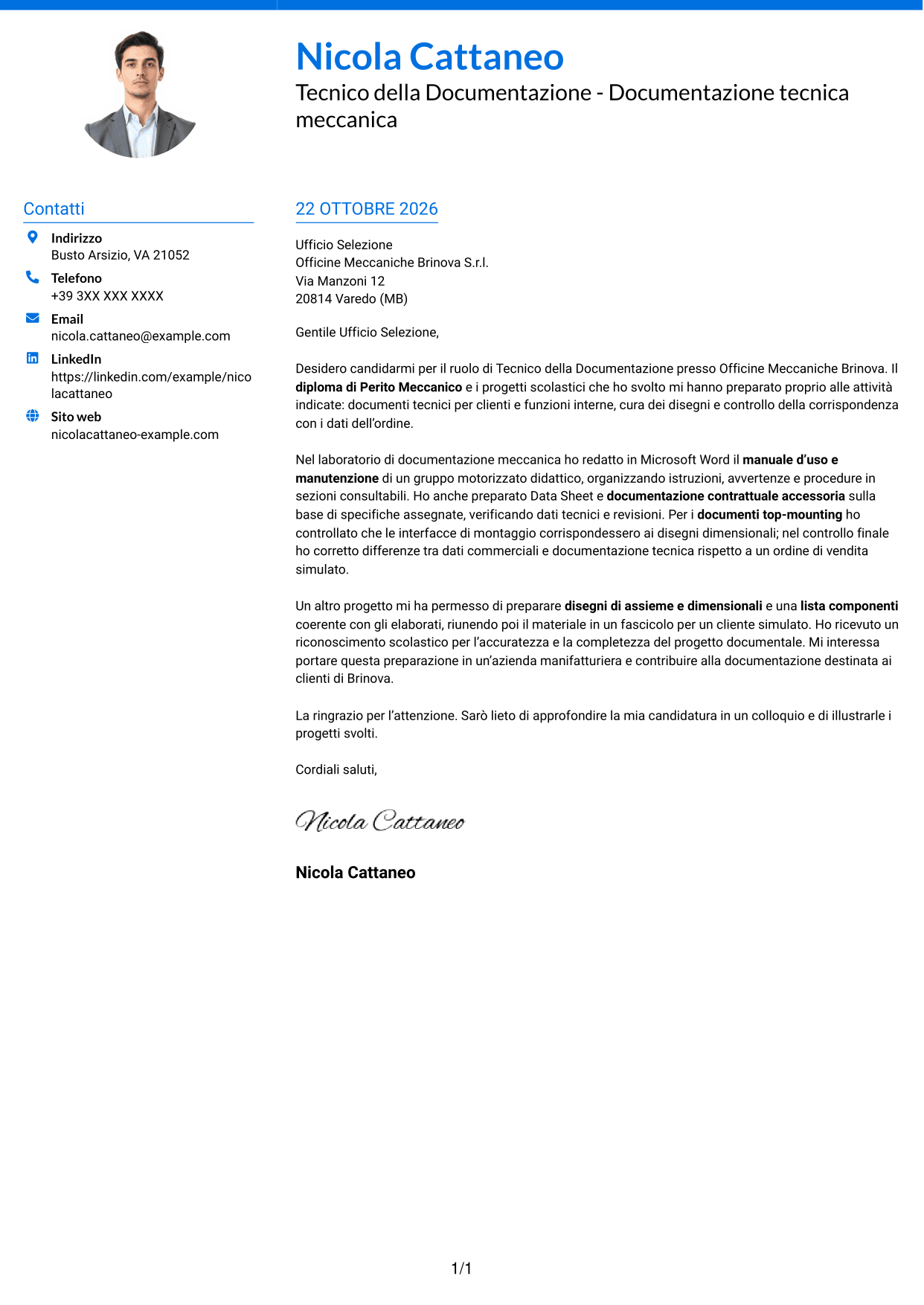 Lettera di presentazione Audace (formato a due colonne con accenti colorati e foto): Tecnico della Documentazione - Documentazione tecnica meccanica, pagina 1