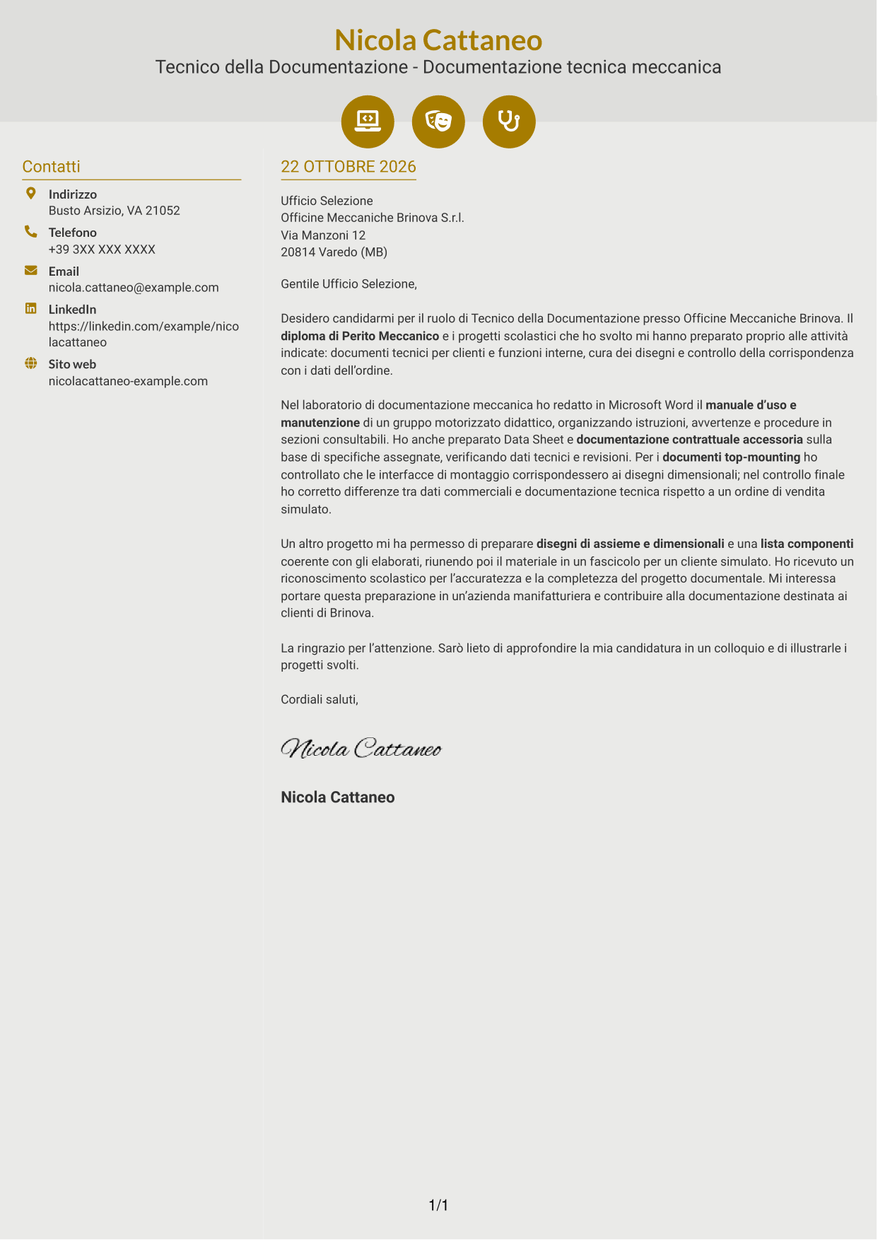 Lettera di presentazione Dinamico (formato a due colonne con icone): Tecnico della Documentazione - Documentazione tecnica meccanica, pagina 1