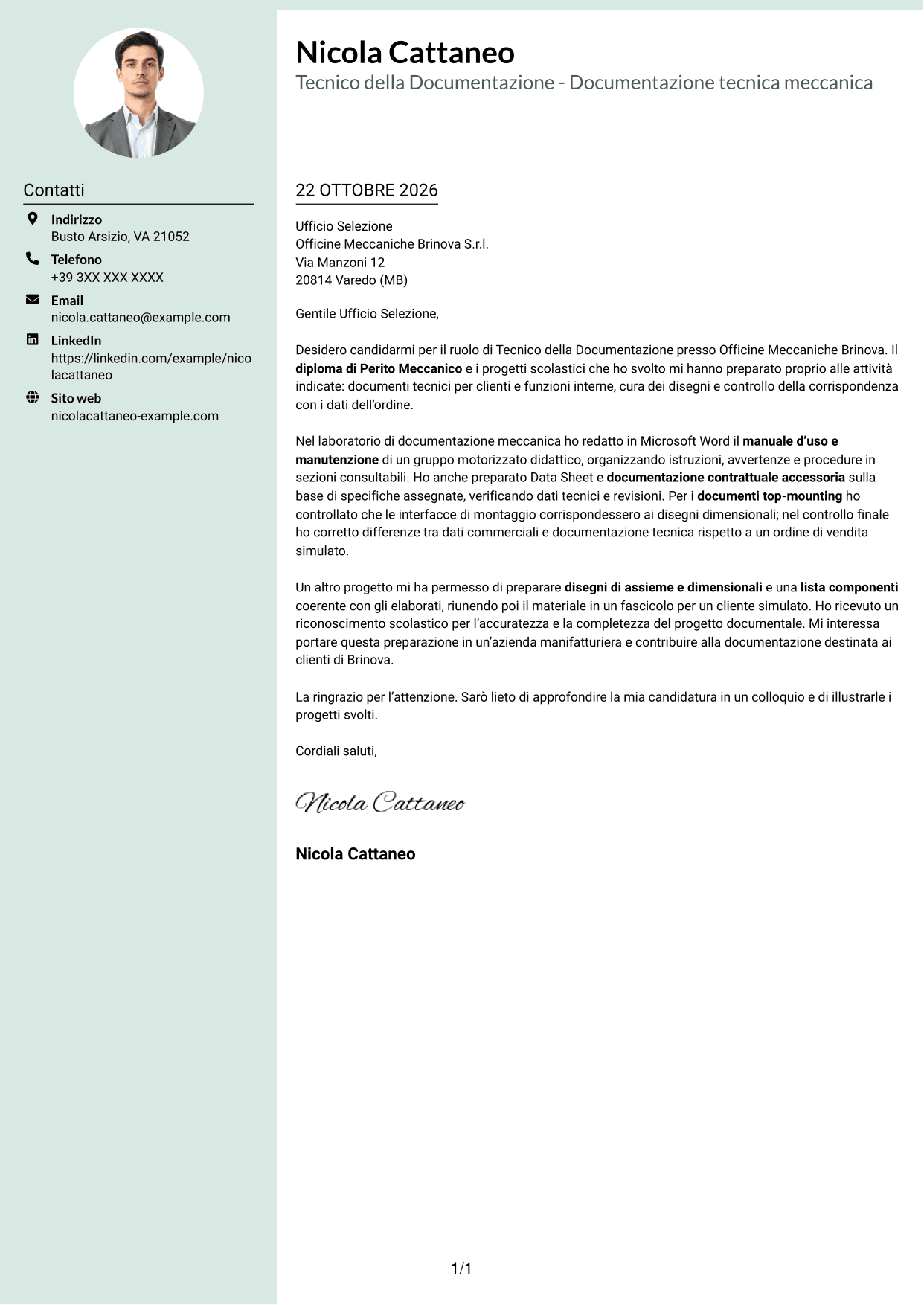 Lettera di presentazione Dirigente (formato con colonna laterale tenue e foto arrotondata): Tecnico della Documentazione - Documentazione tecnica meccanica, pagina 1