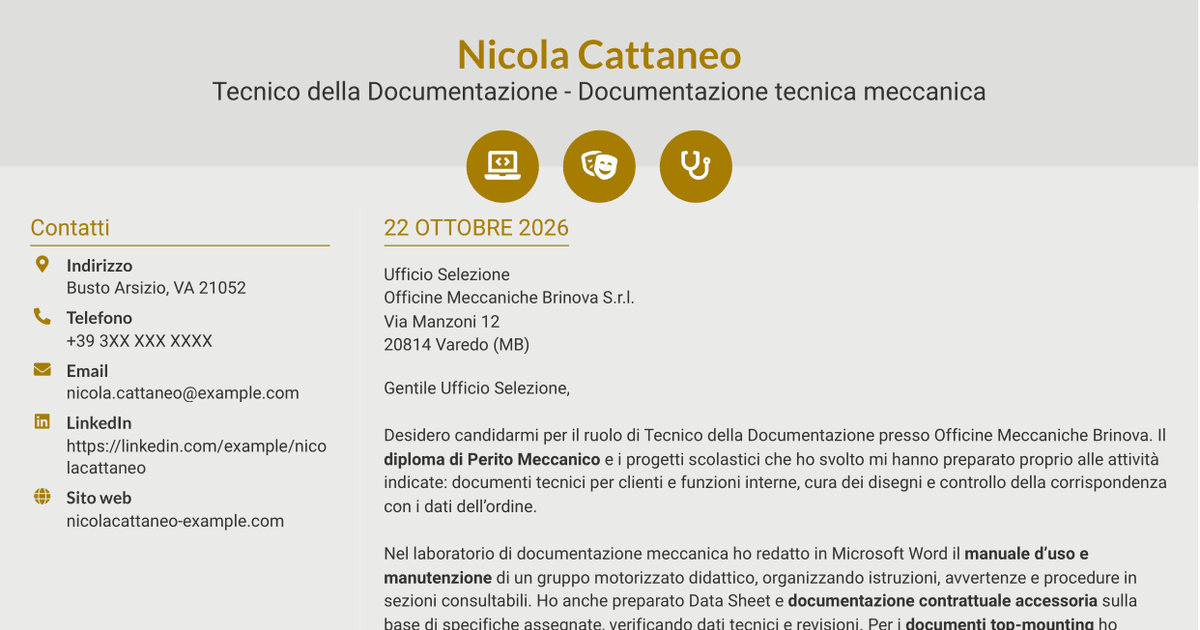 7 modelli di lettera di presentazione per Tecnico della Documentazione - Documentazione tecnica meccanica, con esempi