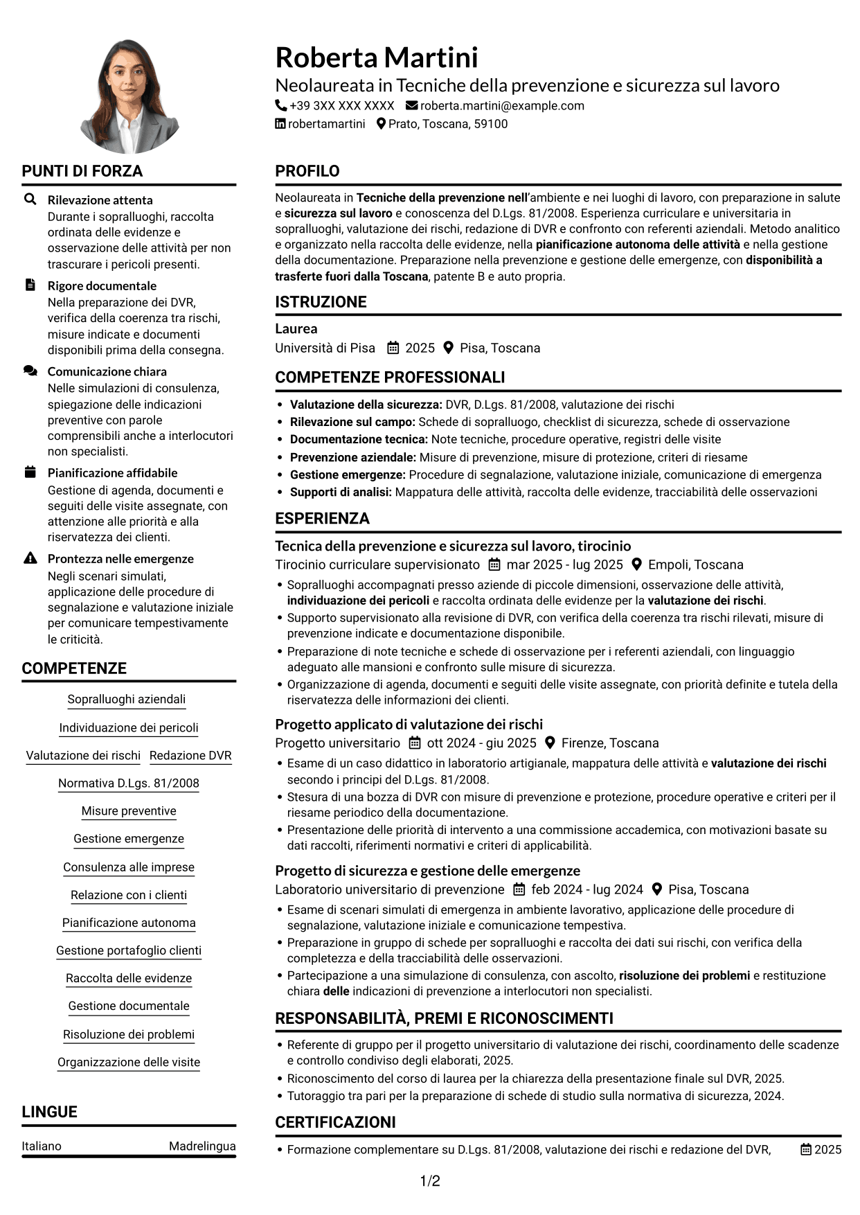 Esempio di curriculum — pagina 1