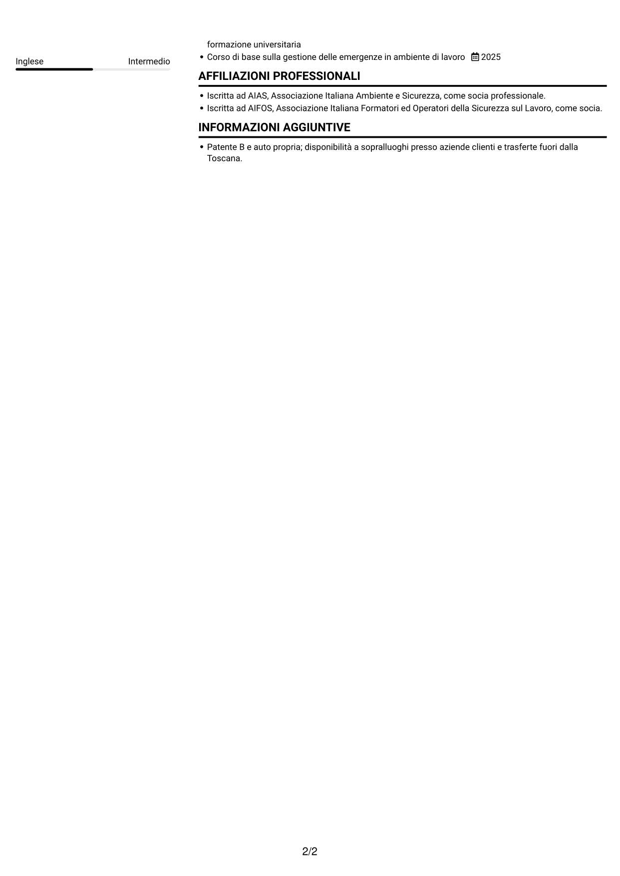 CV Compatto (formato sobrio a due colonne con foto): Tecnico della prevenzione e sicurezza sul lavoro, pagina 2