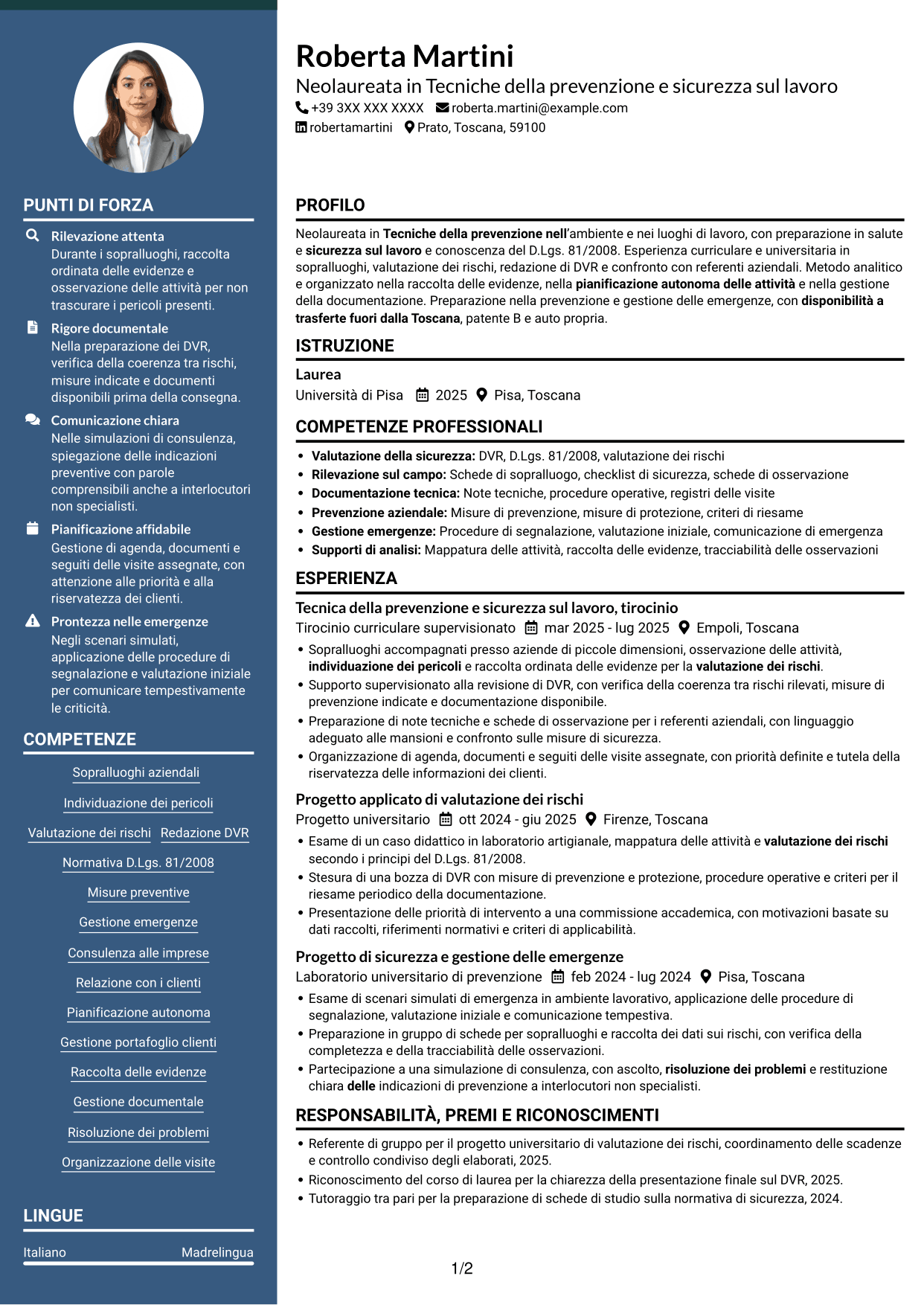 CV Elegante (formato con colonna laterale colorata e foto): Tecnico della prevenzione e sicurezza sul lavoro, pagina 1