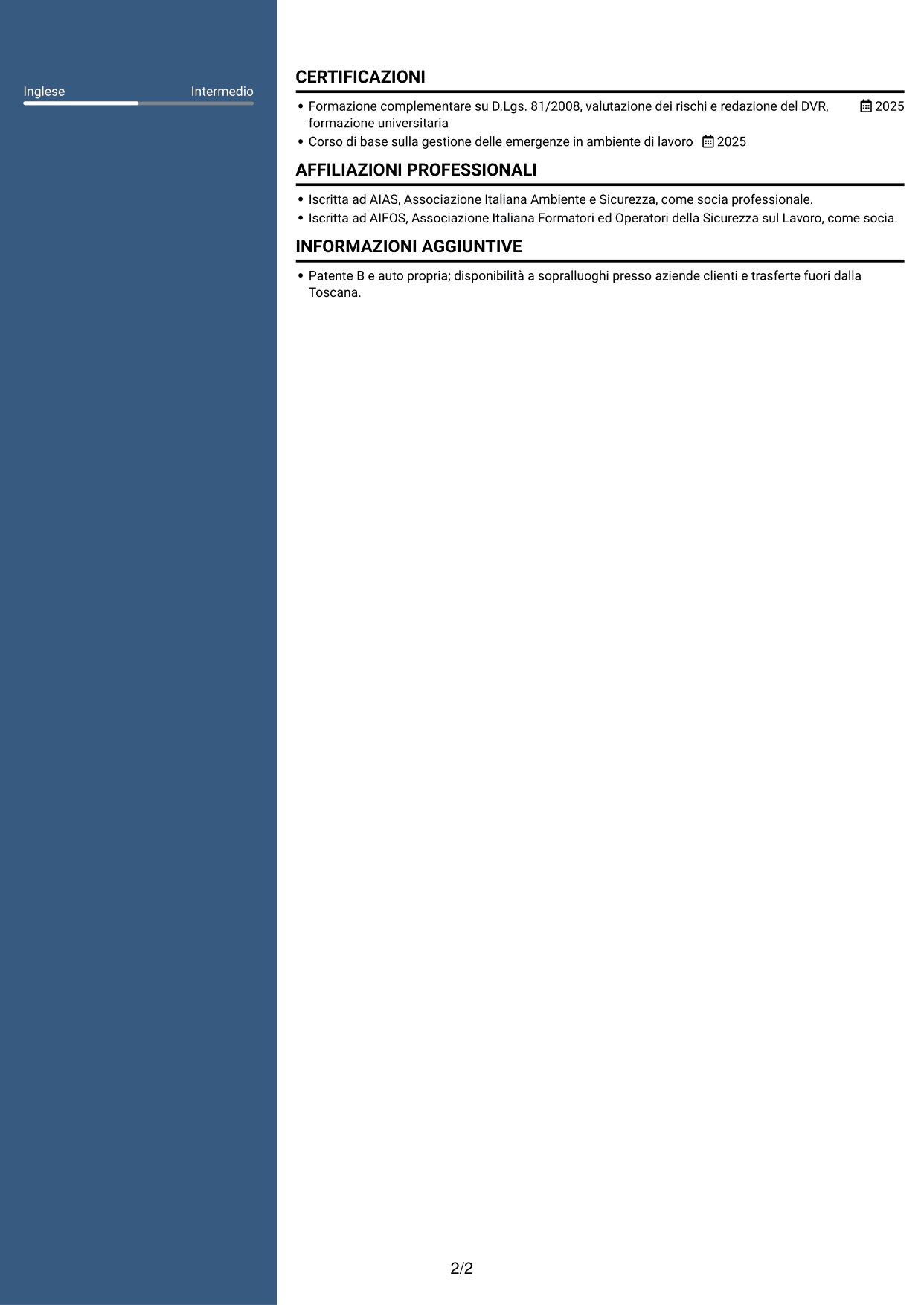 CV Elegante (formato con colonna laterale colorata e foto): Tecnico della prevenzione e sicurezza sul lavoro, pagina 2