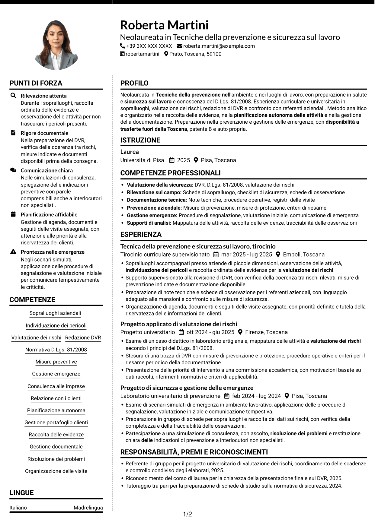 CV Moderno (formato a due colonne con foto a sinistra e separatore): Tecnico della prevenzione e sicurezza sul lavoro, pagina 1