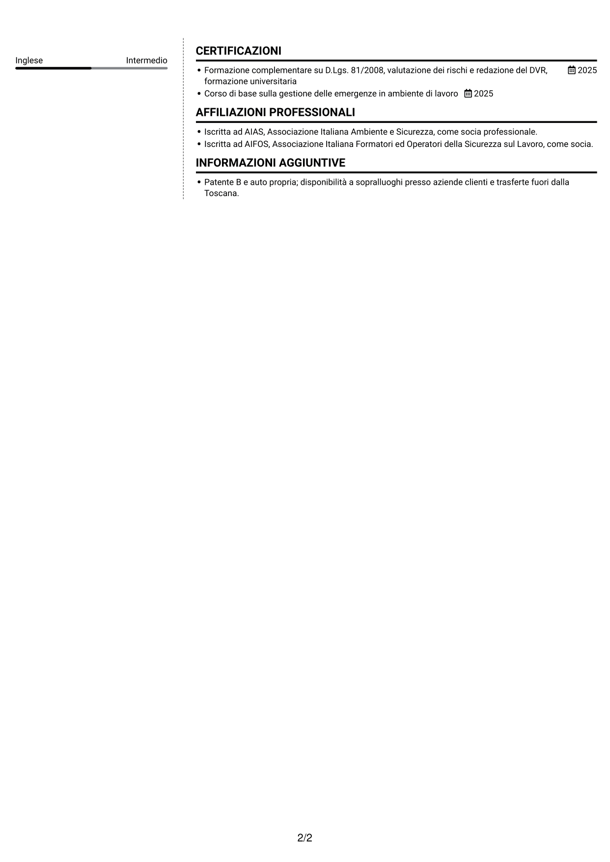 CV Moderno (formato a due colonne con foto a sinistra e separatore): Tecnico della prevenzione e sicurezza sul lavoro, pagina 2