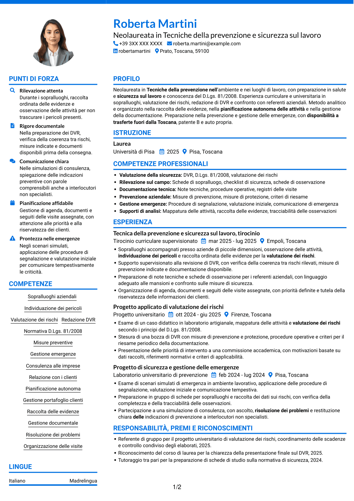 CV Audace (formato a due colonne con accenti colorati e foto): Tecnico della prevenzione e sicurezza sul lavoro, pagina 1