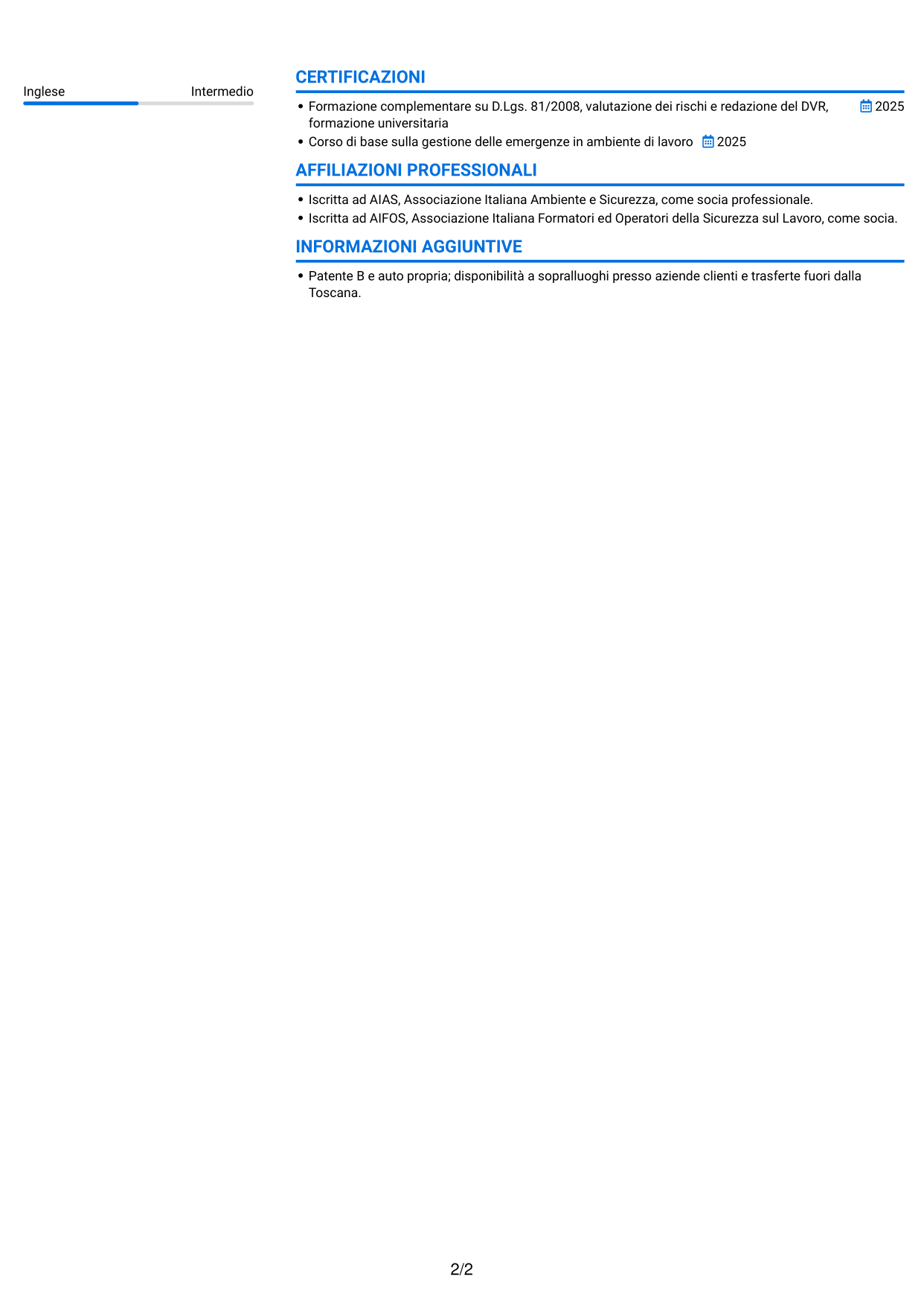 CV Audace (formato a due colonne con accenti colorati e foto): Tecnico della prevenzione e sicurezza sul lavoro, pagina 2