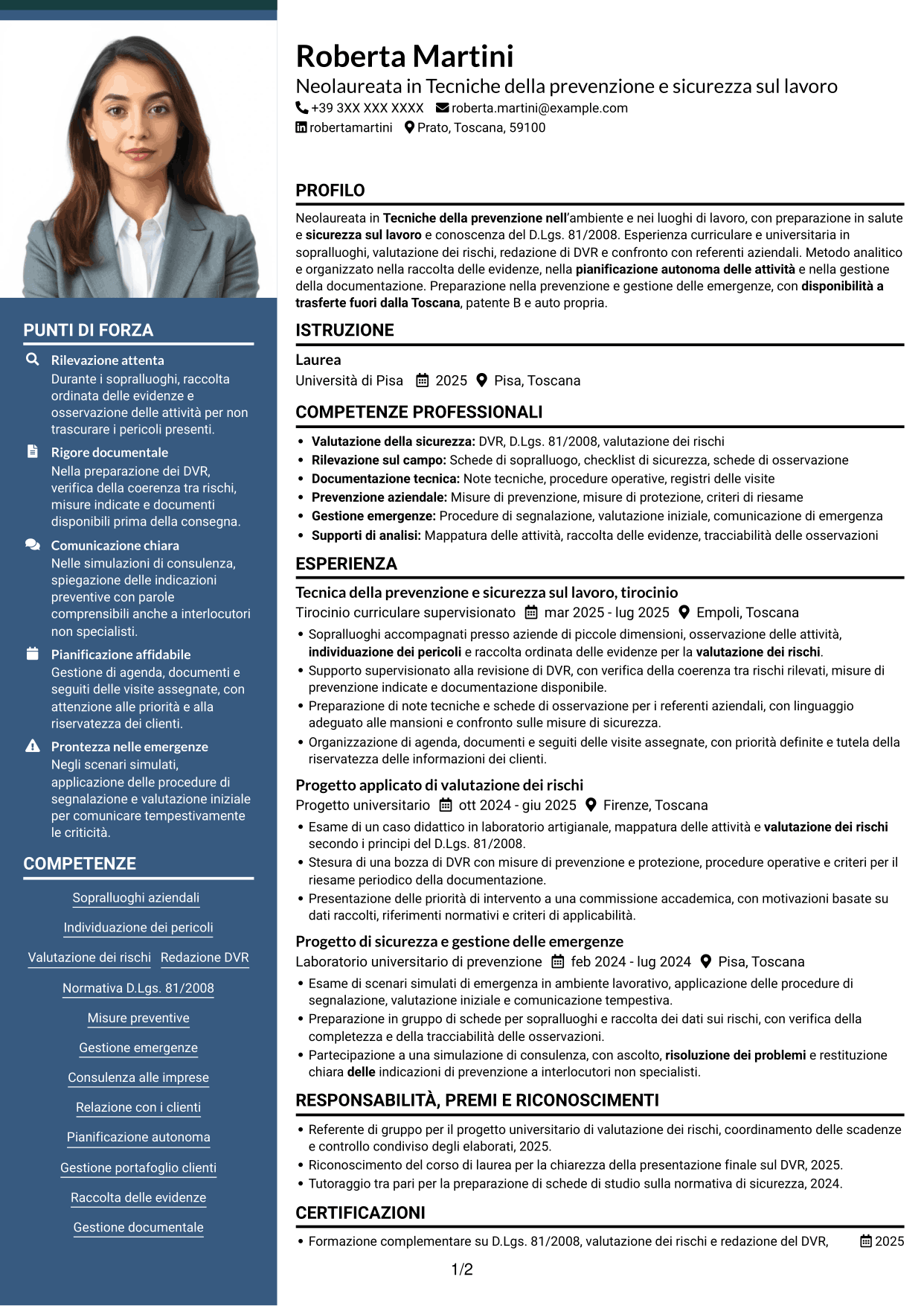 CV Signature (formato con colonna laterale colorata e foto grande): Tecnico della prevenzione e sicurezza sul lavoro, pagina 1