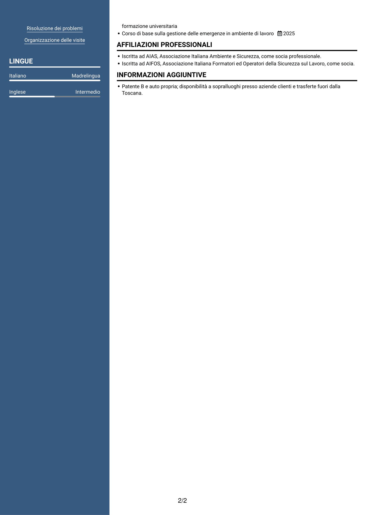 CV Signature (formato con colonna laterale colorata e foto grande): Tecnico della prevenzione e sicurezza sul lavoro, pagina 2