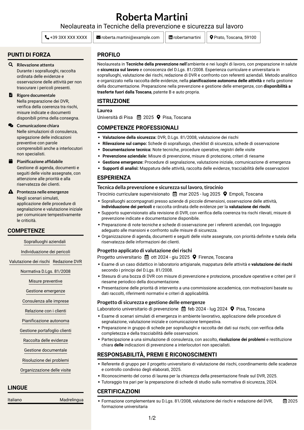 CV Intraprendente (formato a due colonne con intestazione centrata senza foto): Tecnico della prevenzione e sicurezza sul lavoro, pagina 1