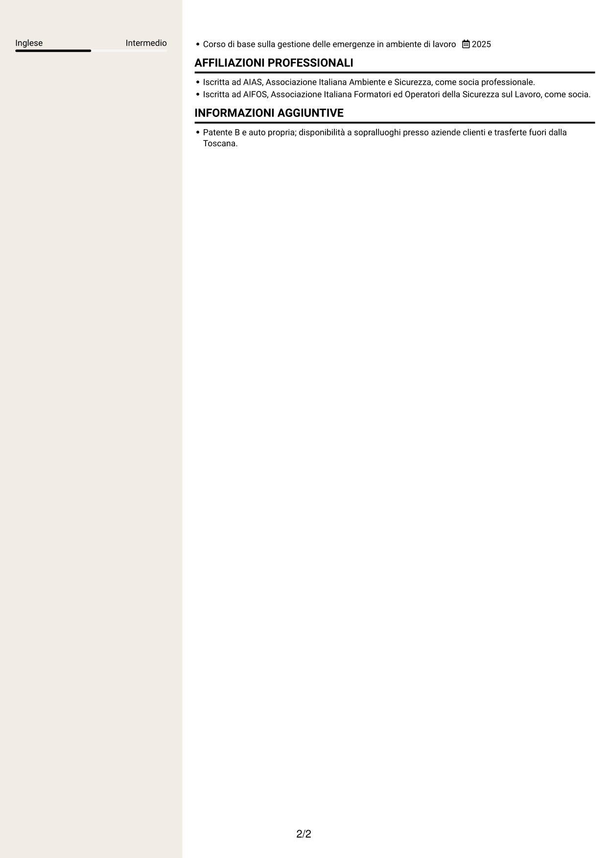 CV Intraprendente (formato a due colonne con intestazione centrata senza foto): Tecnico della prevenzione e sicurezza sul lavoro, pagina 2