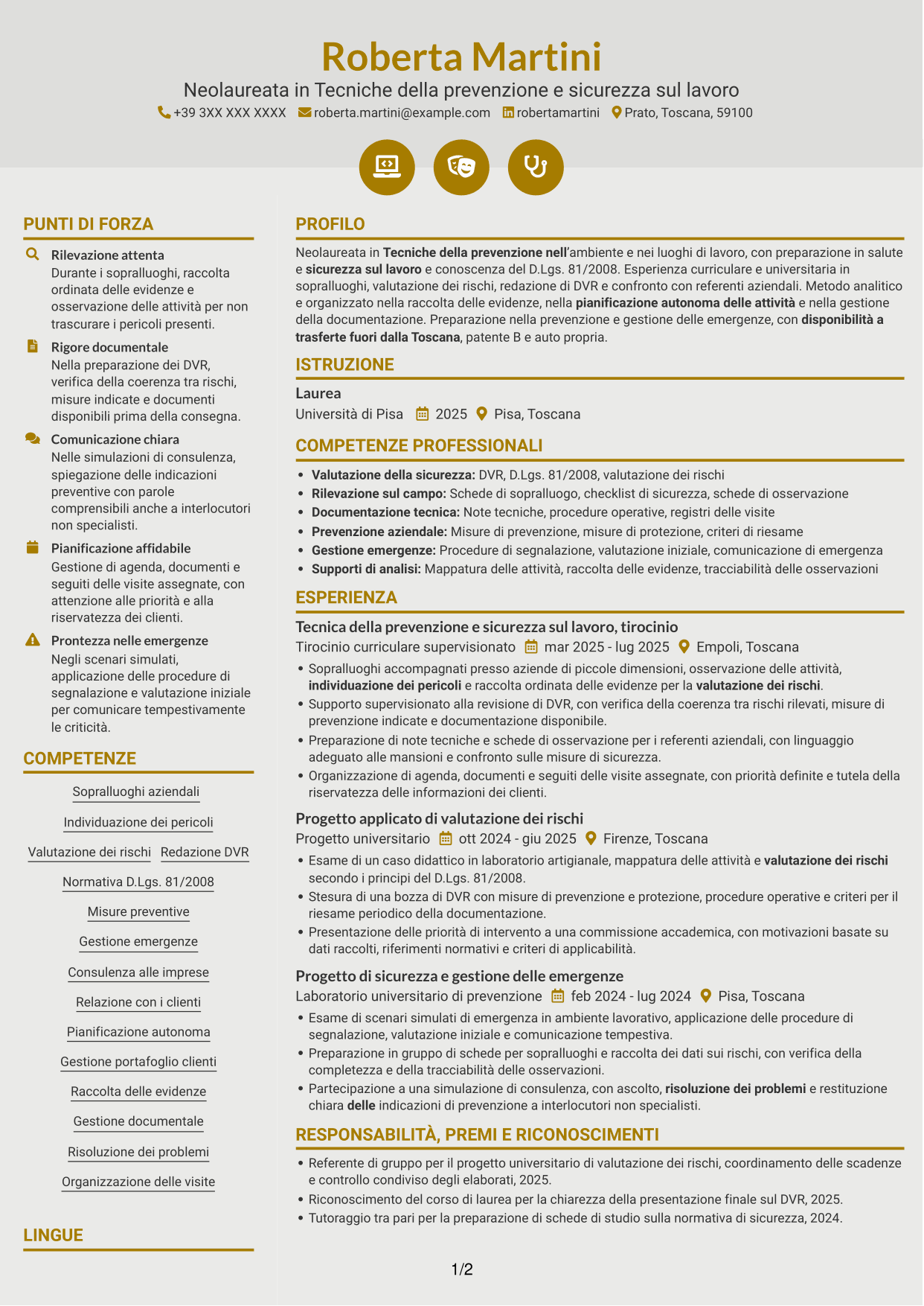 CV Dinamico (formato a due colonne con icone): Tecnico della prevenzione e sicurezza sul lavoro, pagina 1